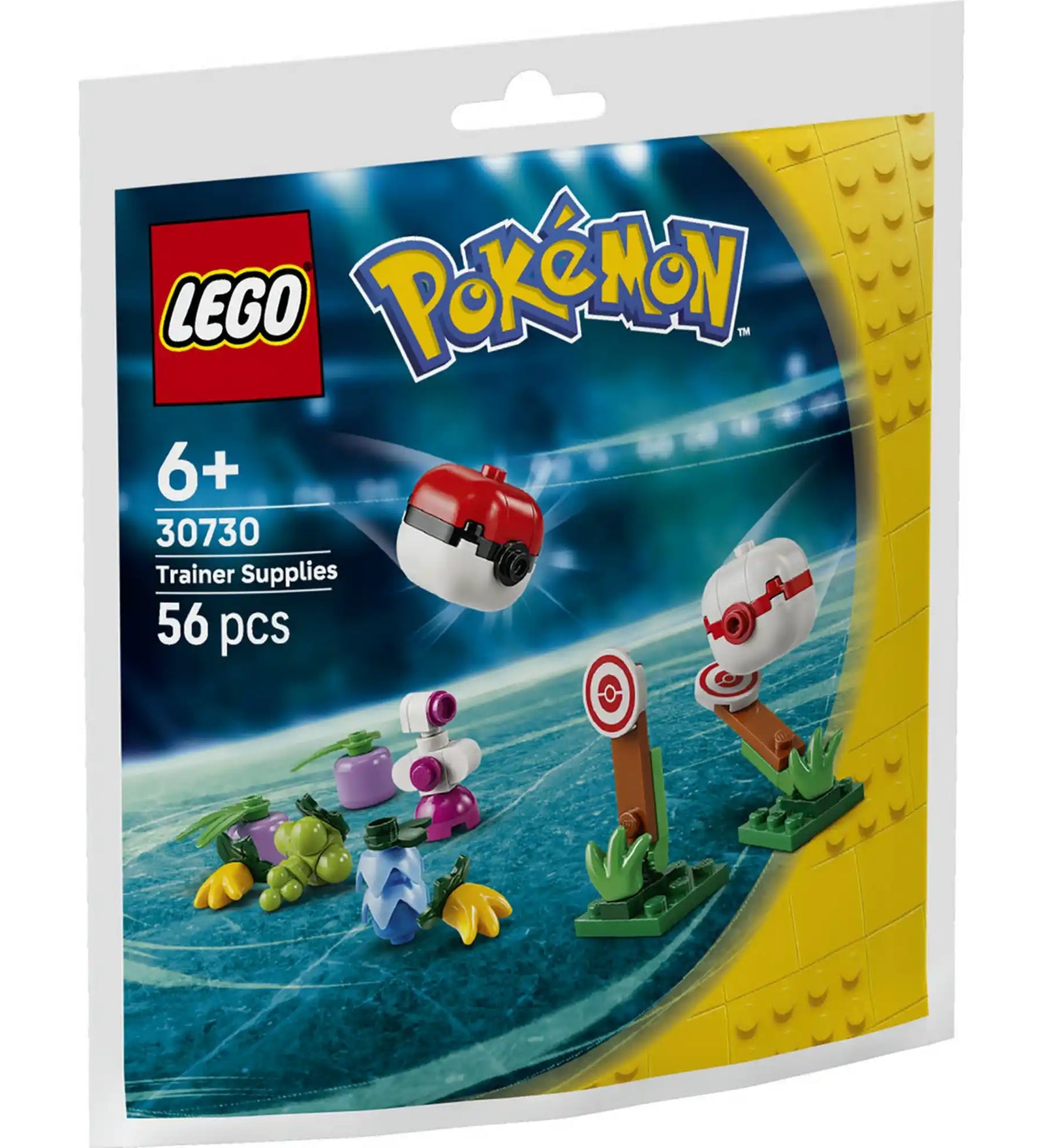 A LEGO Pokémon: Pokémonedző kellélek 30730 készlet csomagolása a mini Pokélabdával, Premier Ball-lal és edzői kiegészítőkkel.