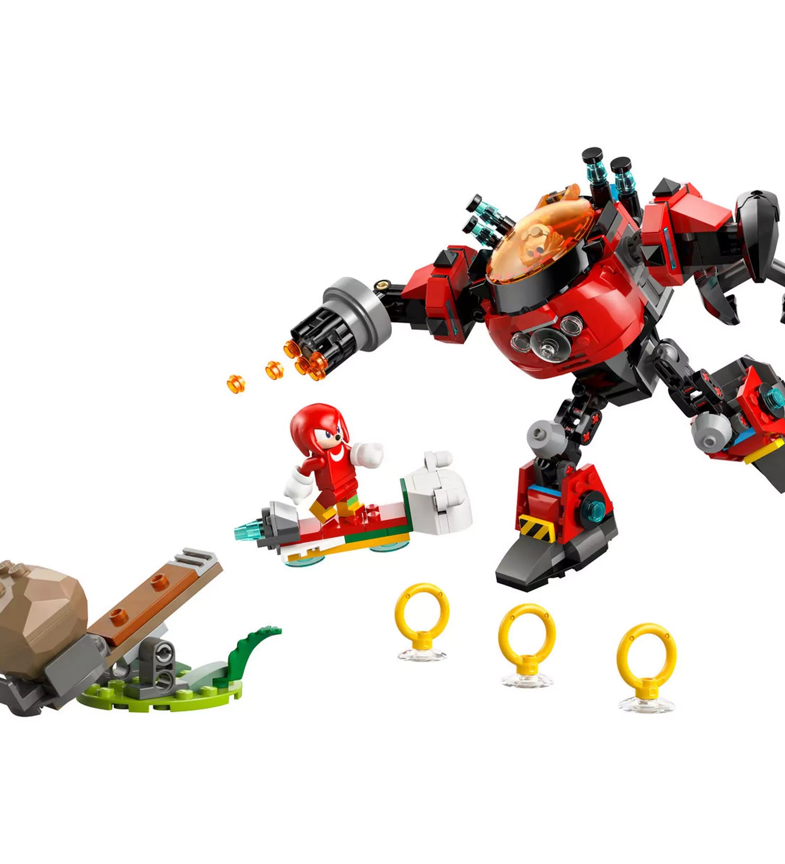  Knuckles a légdeszkán támadja a LEGO 77005 piros Egg Crusher Mech robotot a gyűrűk és a katapult mellett.