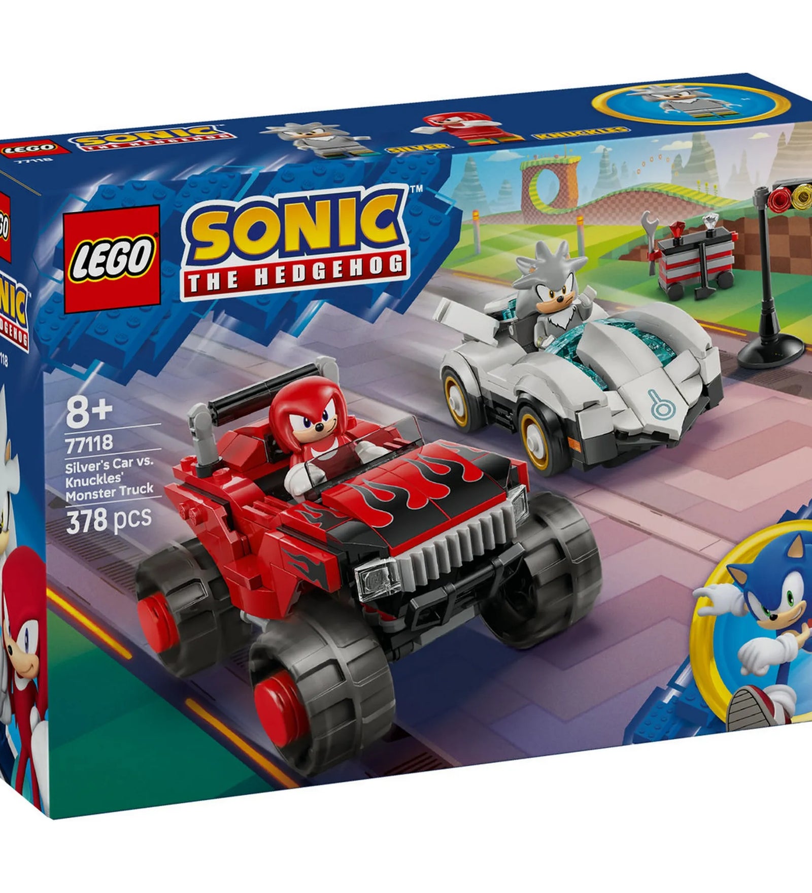 LEGO Sonic the Hedgehog: Silver autója Knuckles monster truckja ellen, 77118, 378 darabos doboz elölnézet, Silver és Knuckles járművei verseny közben.
