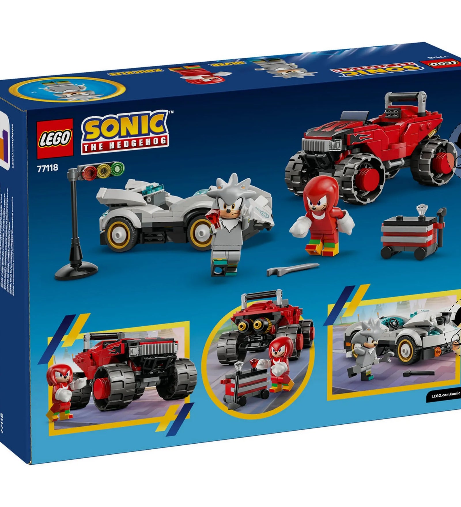 LEGO Sonic the Hedgehog: Silver autója Knuckles monster truckja ellen, 77118, 378 darabos doboz hátoldal, játéklehetőségek és kiegészítők bemutatása.
