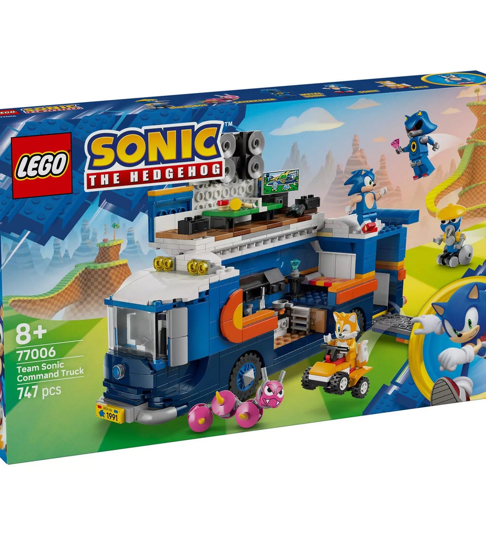 LEGO Sonic the Hedgehog 77006 Team Sonic parancsnoki kamion dobozkép, a játékkamionnal, figurákkal és kiegészítőkkel.