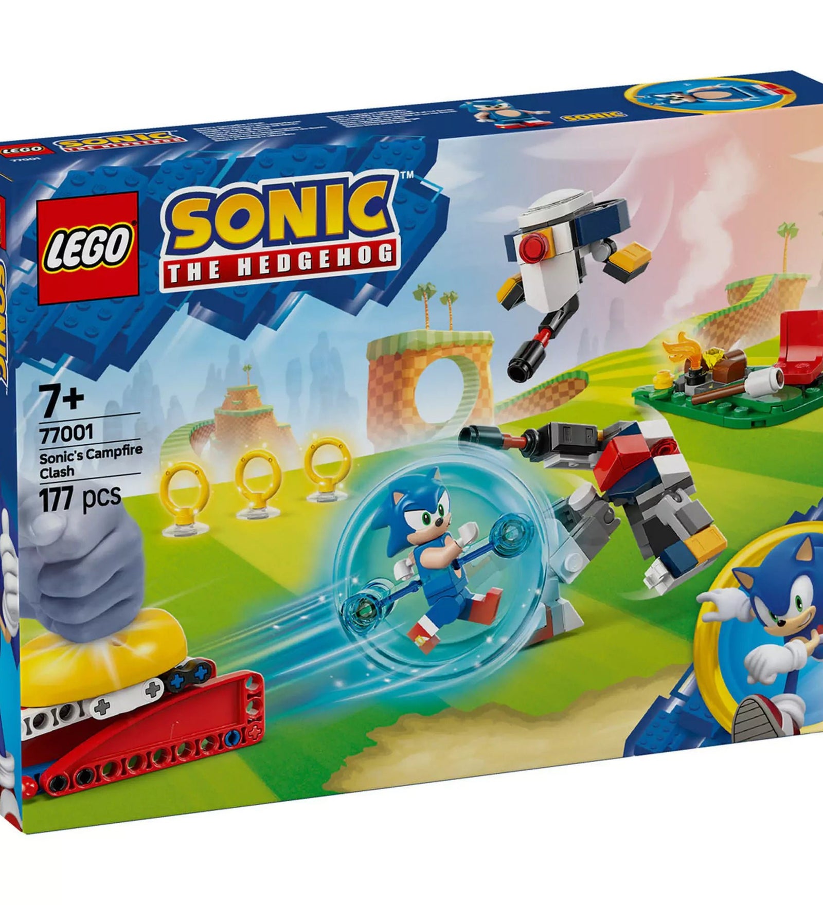 A LEGO Sonic the Hedgehog 'Sonic's Campfire Clash' (77001) készlet doboza, amely 177 darabból áll, és tartalmazza Sonicot, robotokat és gyűrűket