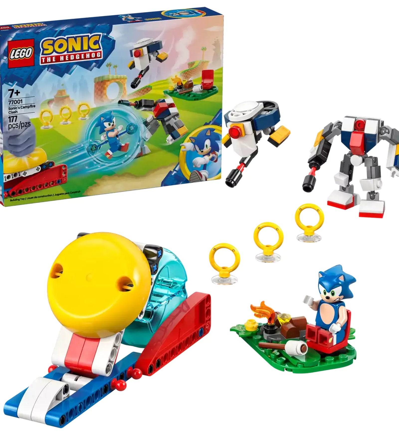 A LEGO Sonic the Hedgehog 'Sonic's Campfire Clash' készlet tartalma, köztük Sonic figura, robotok, gyűrűk és egy táborhely építőkészlet.