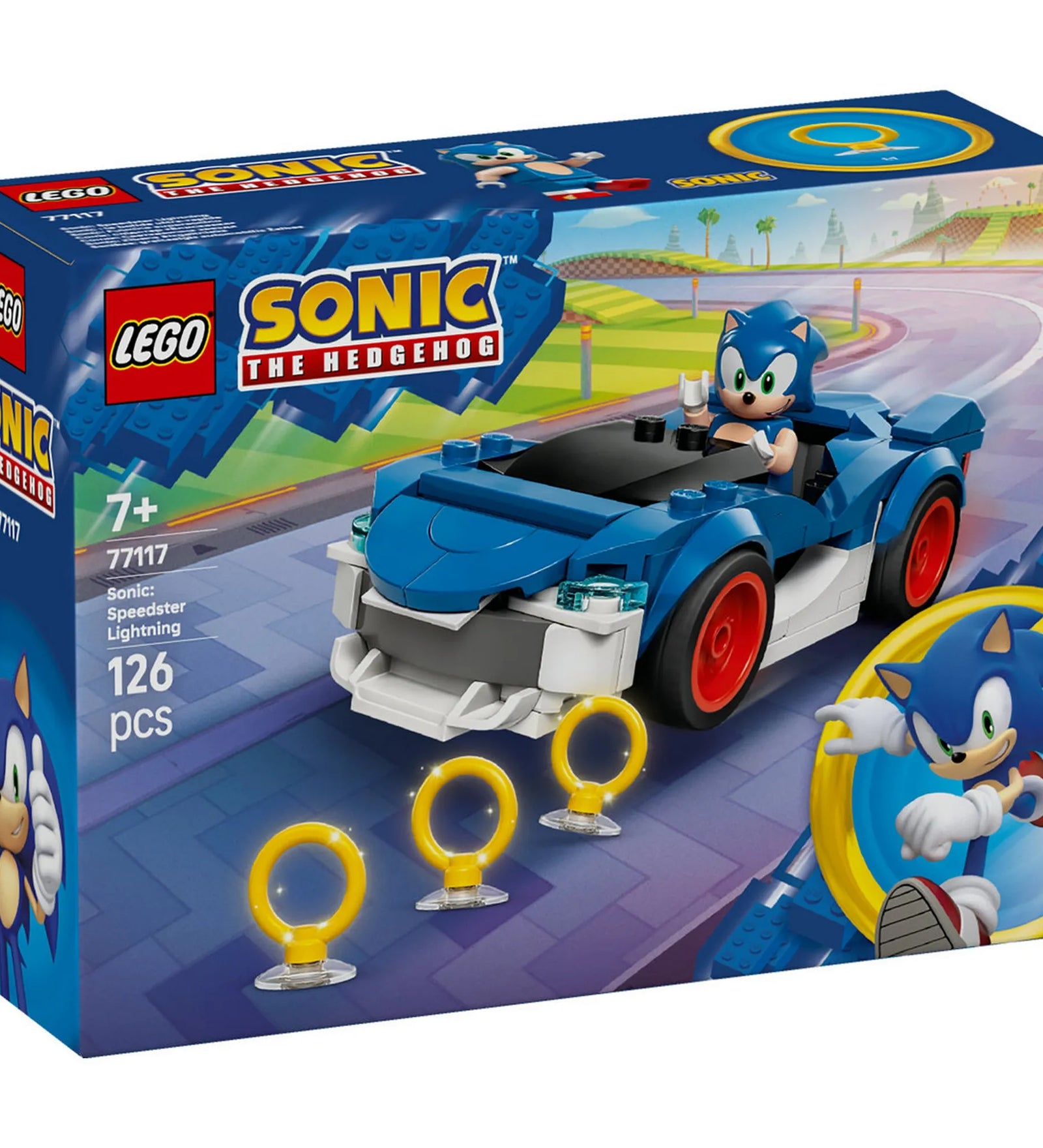 LEGO Sonic the Hedgehog Sonic Speedster Lightning (77117) dobozképe Sonic figurával és kék versenyautóval, arany gyűrűkkel.