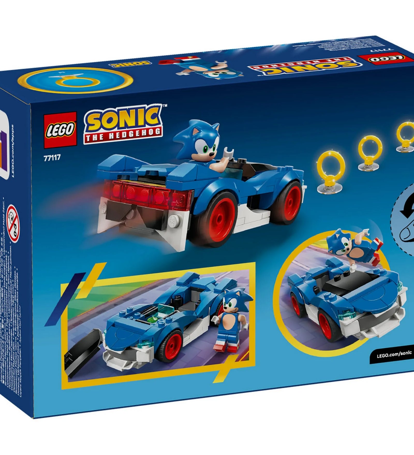 LEGO Sonic the Hedgehog Sonic Speedster Lightning (77117) doboz hátoldala az autó játékfunkcióival és Sonic minifigurával.