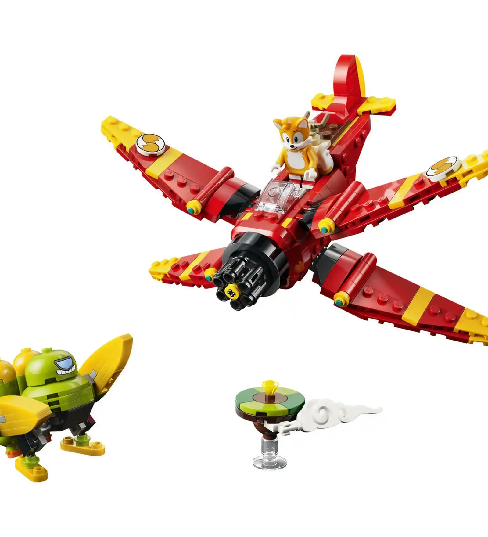 LEGO Tornado-1 repülő Tails minifigurával, Egg Chaser Badnikkal és lebegő szigettel.