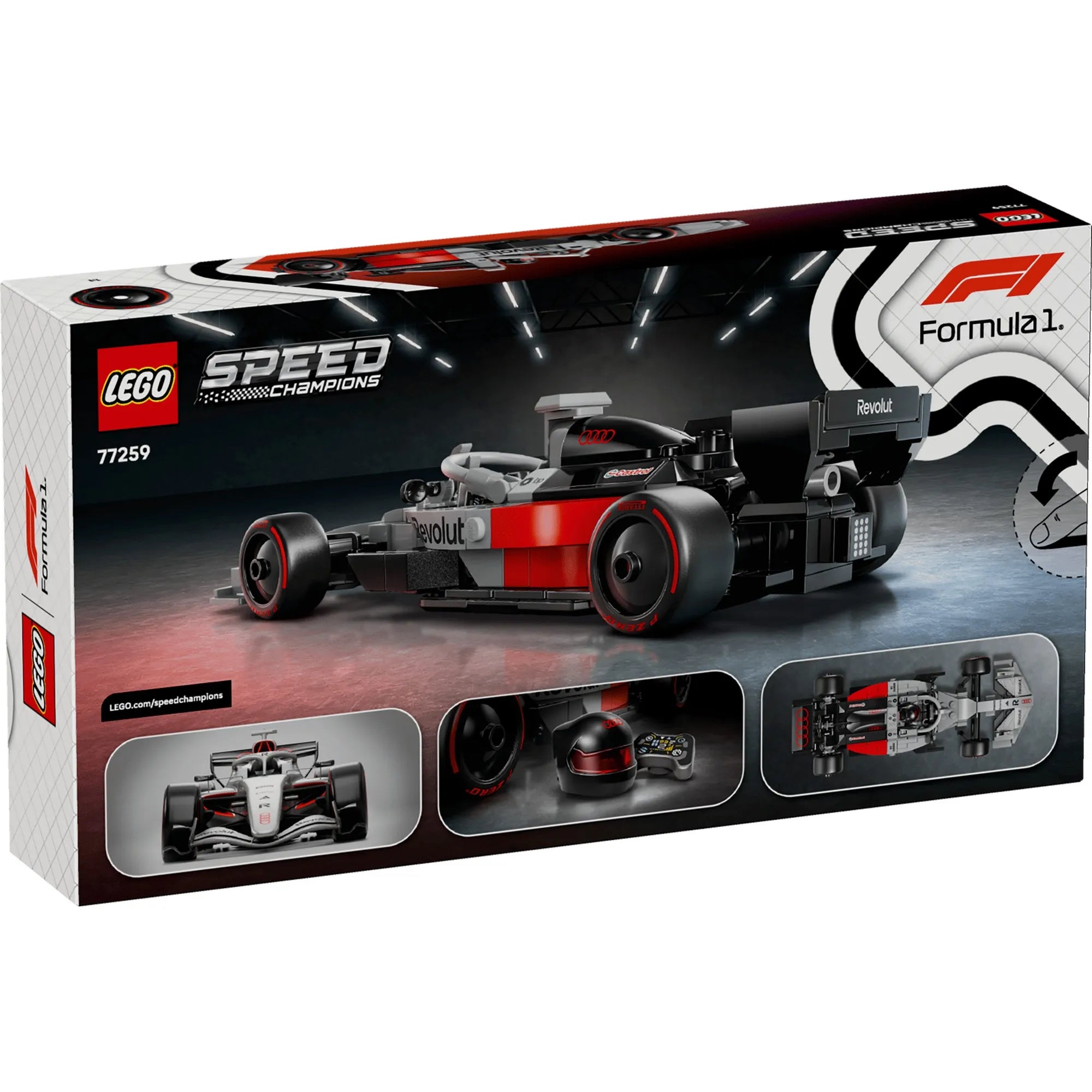 LEGO Speed Champions Audi Revolut F1 Team R26 doboz hátoldala, a készlet funkcióinak és részleteinek bemutatásával.