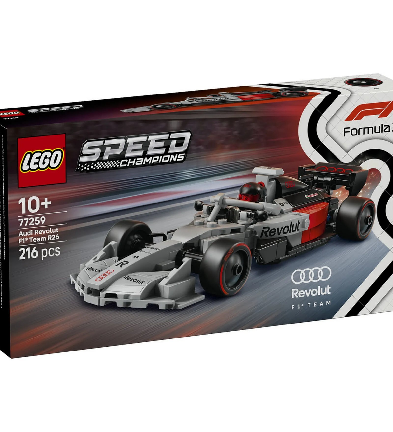 LEGO Speed Champions Audi Revolut F1 Team R26 (77259) dobozkép, hivatalos Formula 1 LEGO készlet 10 éves kortól.