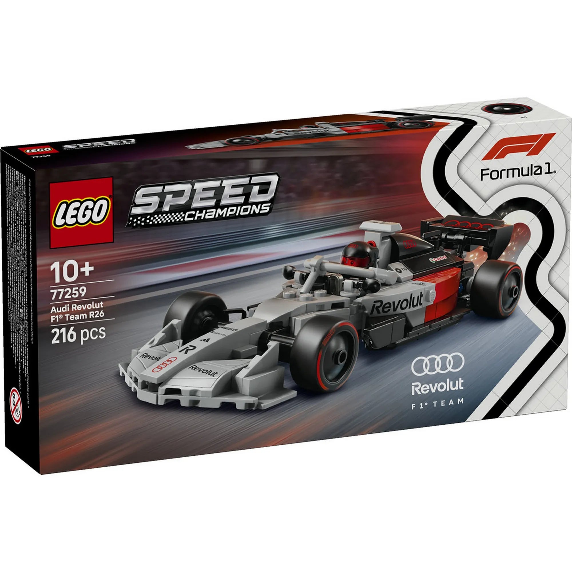 LEGO Speed Champions Audi Revolut F1 Team R26 (77259) dobozkép, hivatalos Formula 1 LEGO készlet 10 éves kortól.