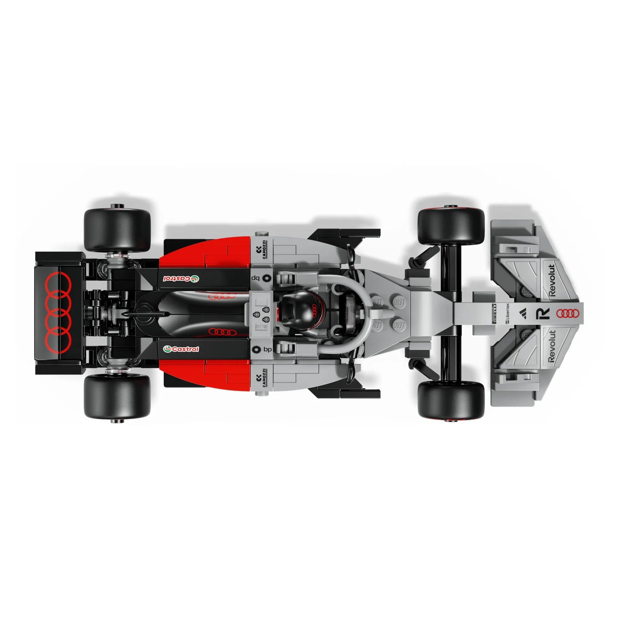 LEGO Audi Revolut F1 Team R26 versenyautó felülnézetből, részletes aerodinamikai elemekkel és szponzorlogókkal.