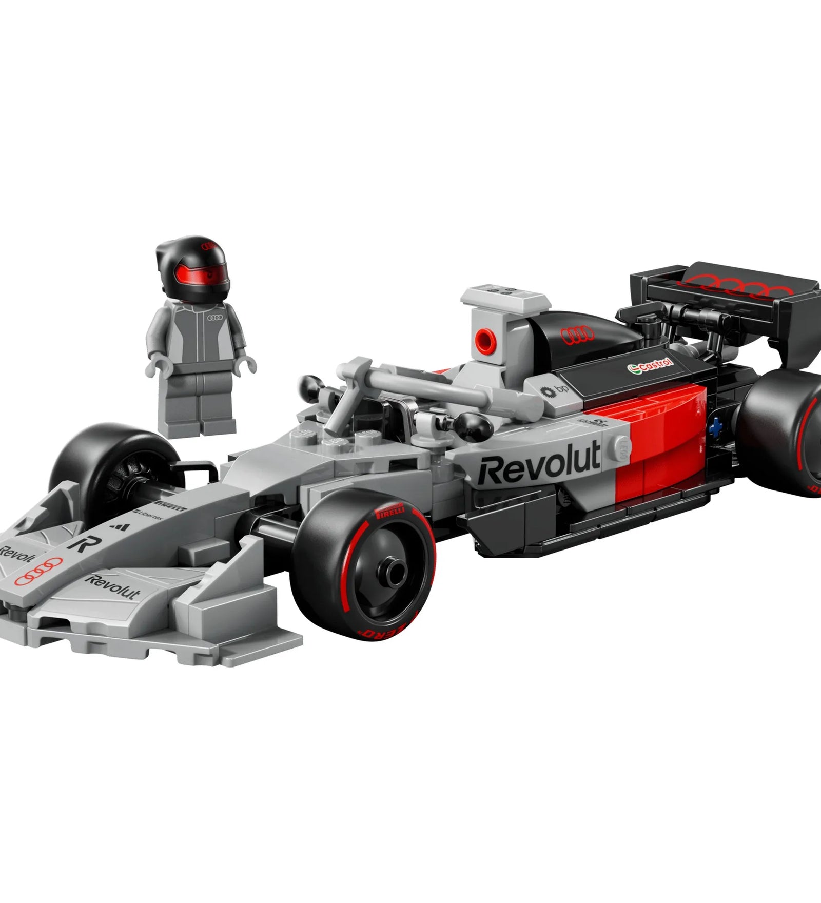 LEGO Speed Champions Audi Revolut F1 Team R26 versenyautó minifigurával, részletgazdag Formula 1 LEGO modell fekete-piros színben.
