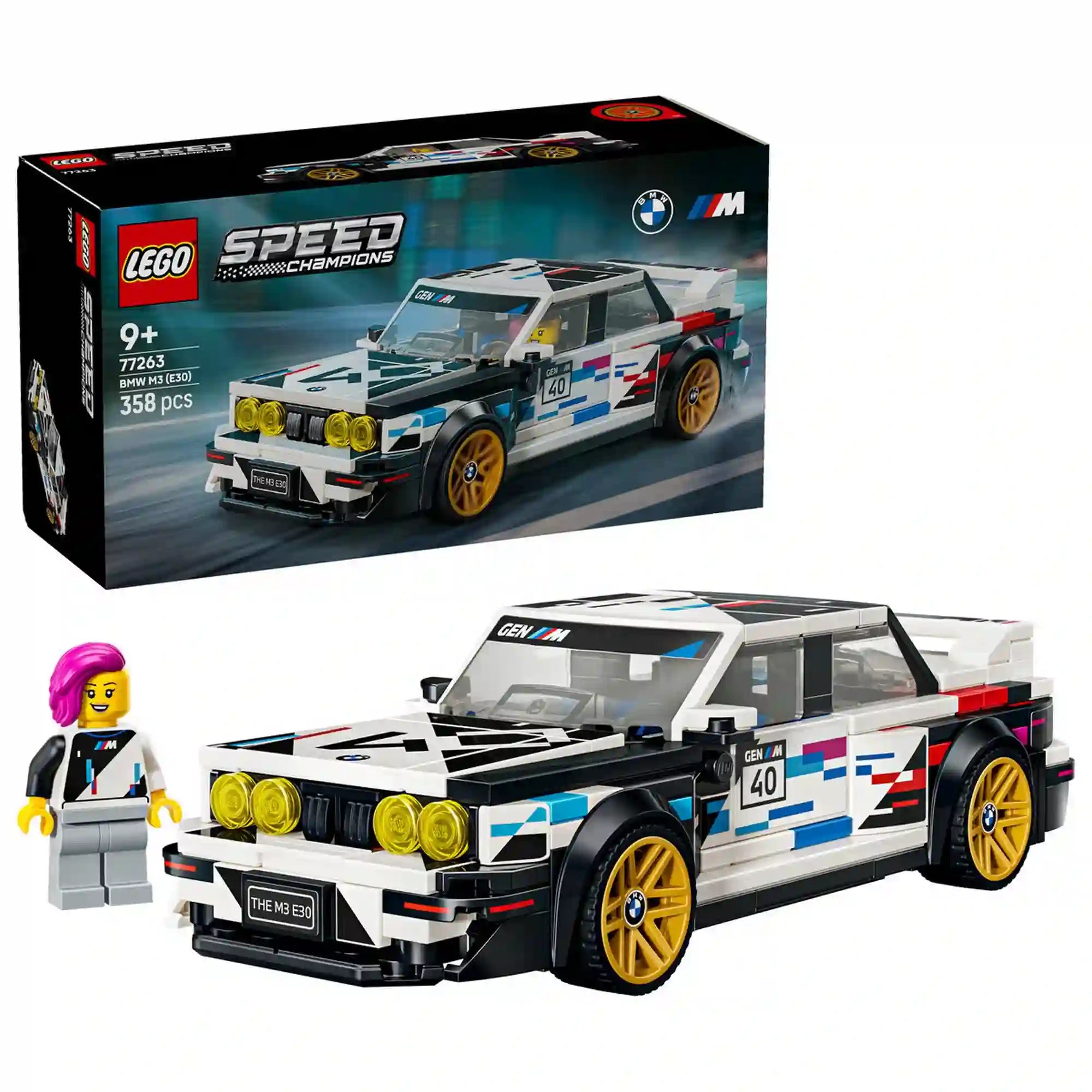 LEGO BMW M3 (E30) doboz, megépített autó és BMW Motorsport minifigura.