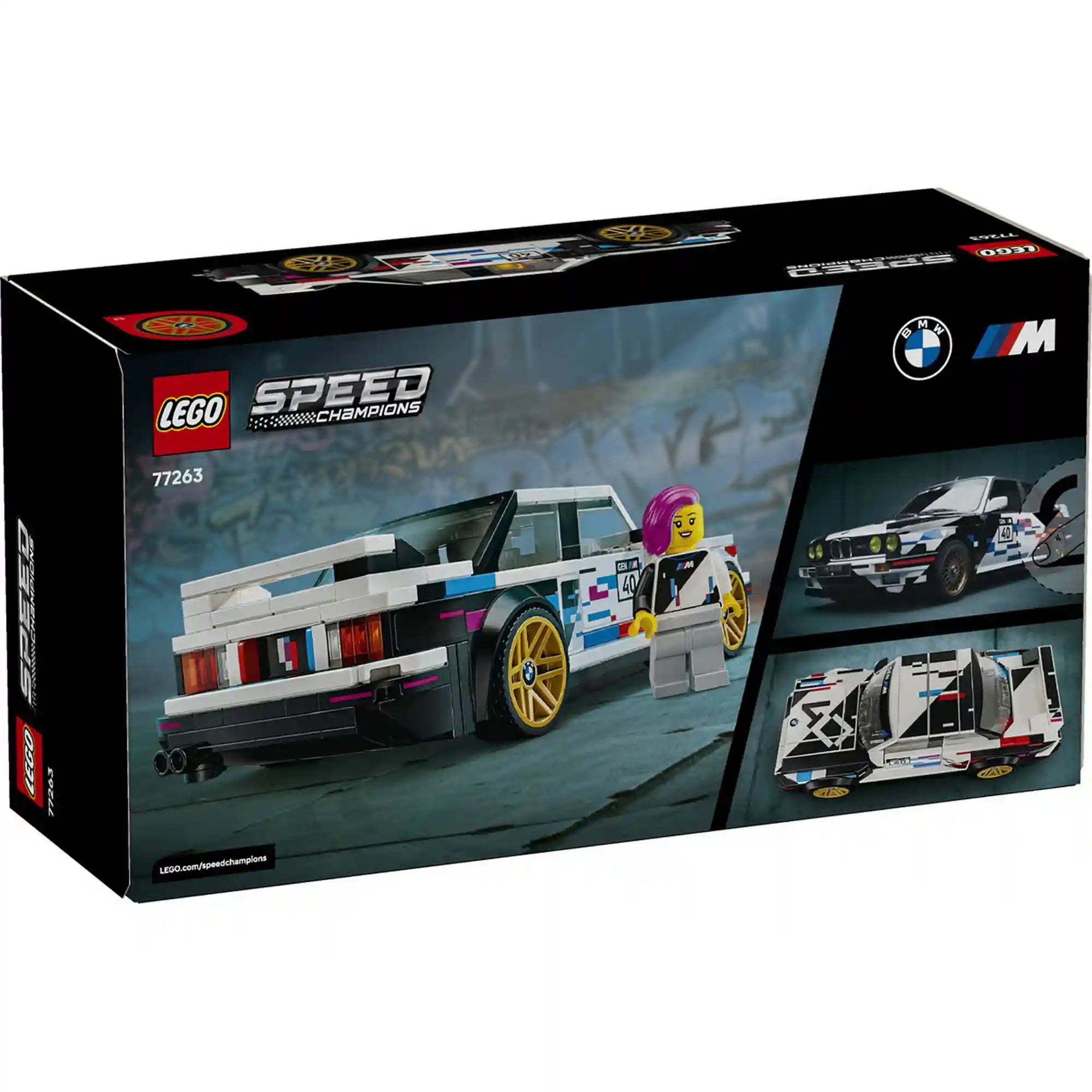 A LEGO BMW M3 (E30) készlet hátoldala a modell részleteivel.