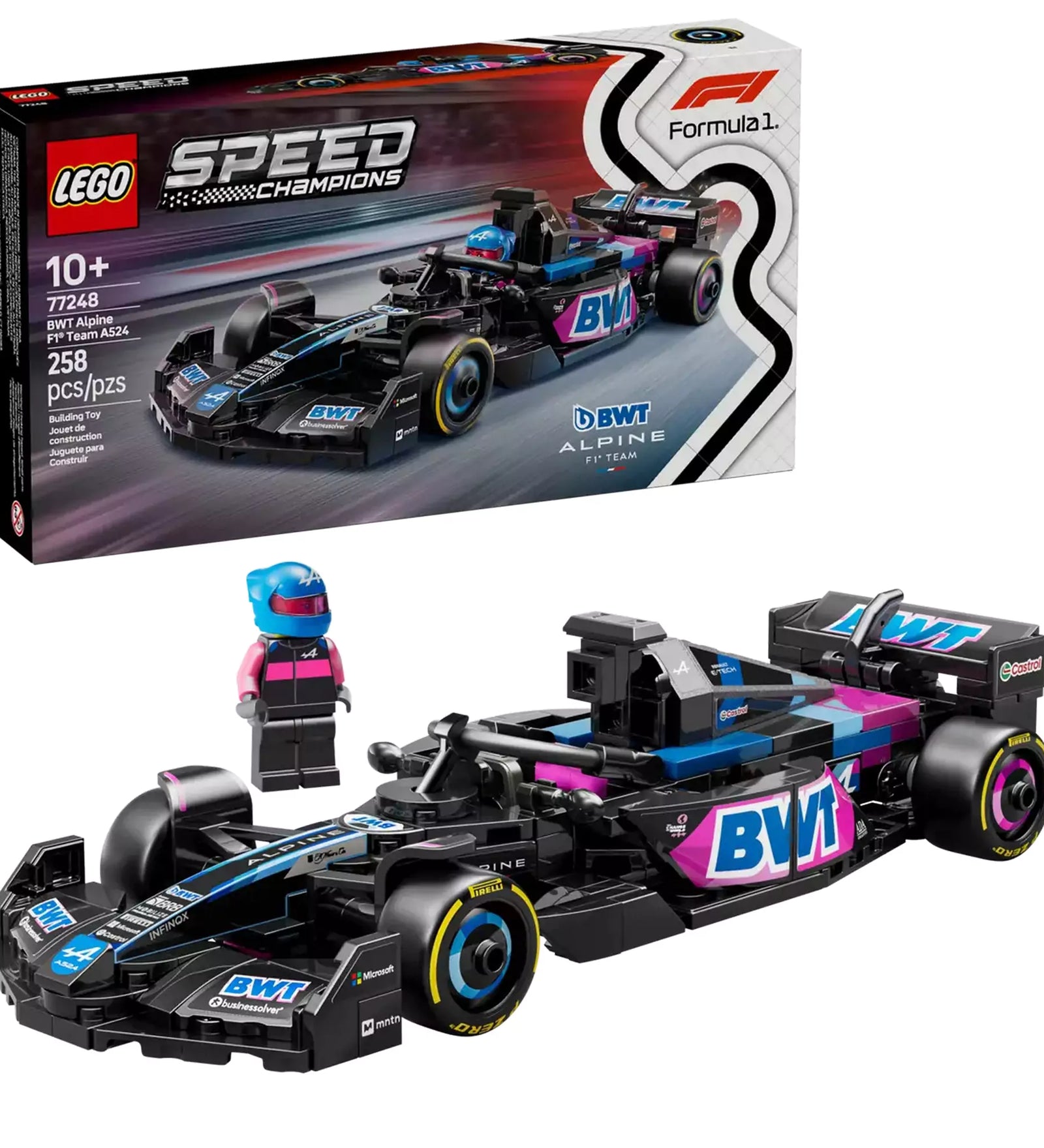 LEGO Speed Champions BWT Alpine F1 Team A524 versenyautó doboz és modell akcióban.