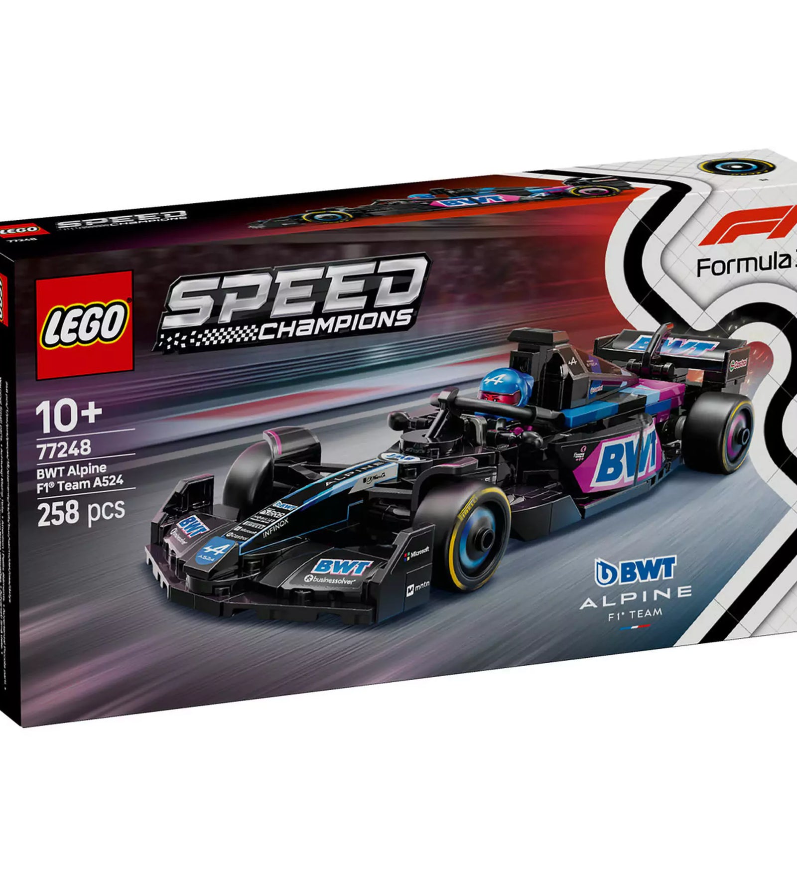 LEGO Speed Champions BWT Alpine F1 Team A524 dobozkép versenypályás háttérrel.