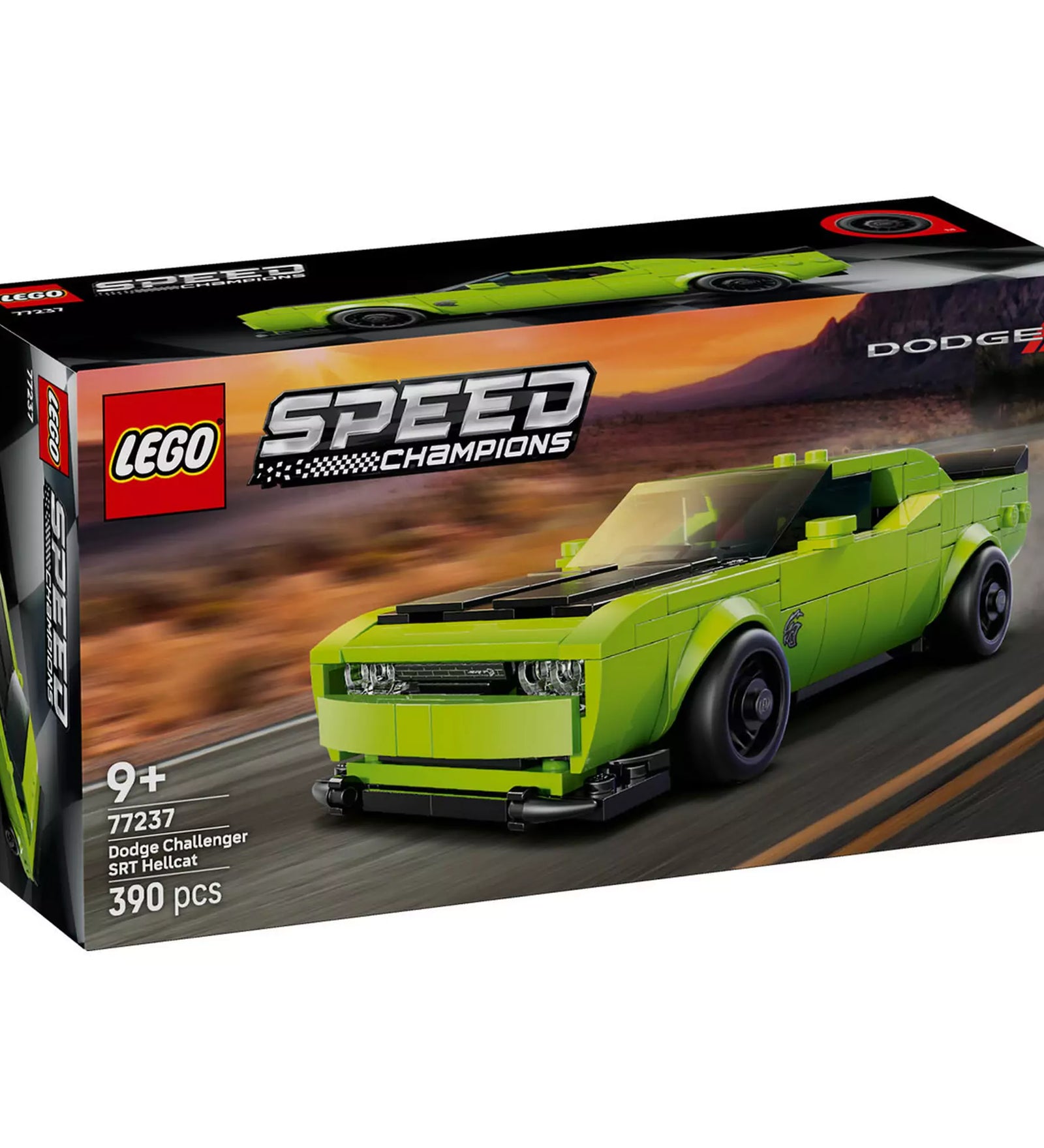 LEGO Speed Champions Dodge Challenger SRT Hellcat (77237) doboz elölnézet, zöld sportautó száguld az úton.