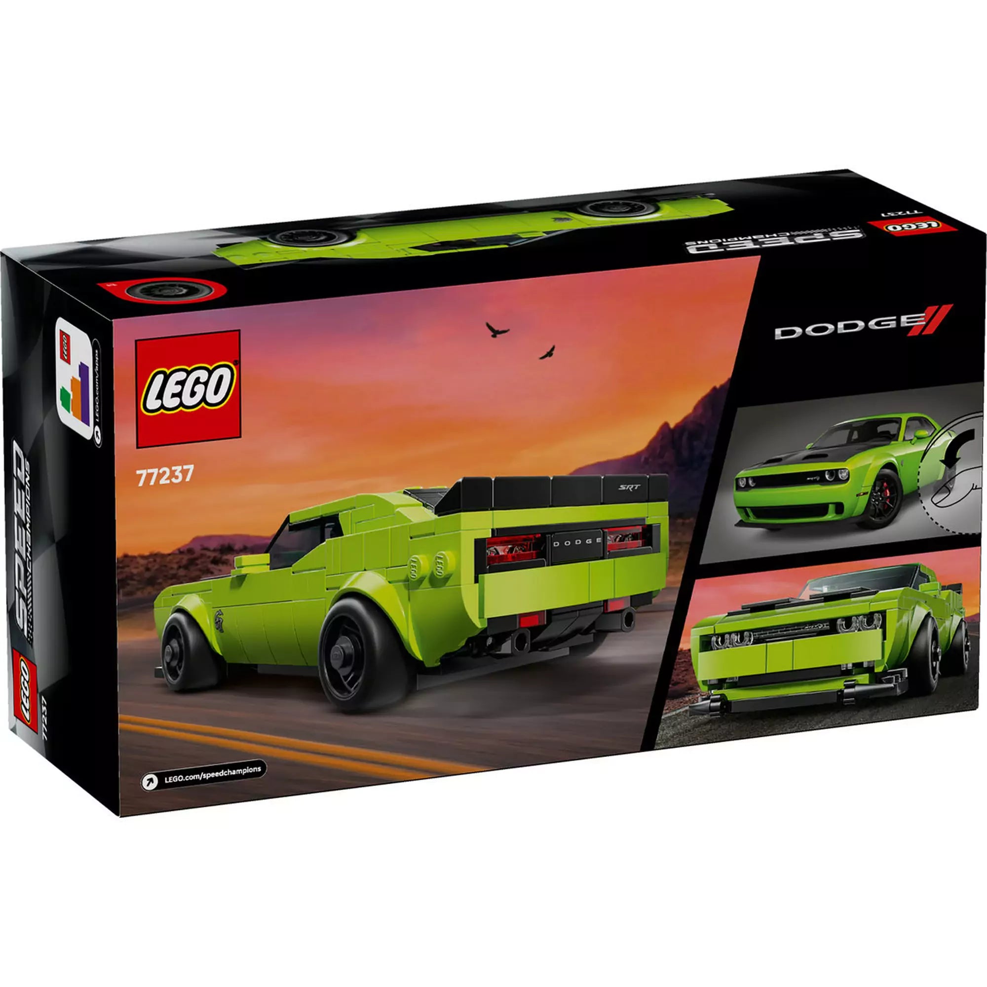 LEGO Dodge Challenger SRT Hellcat (77237) doboz hátulnézet, a modell részletei és a valódi autó képeivel.