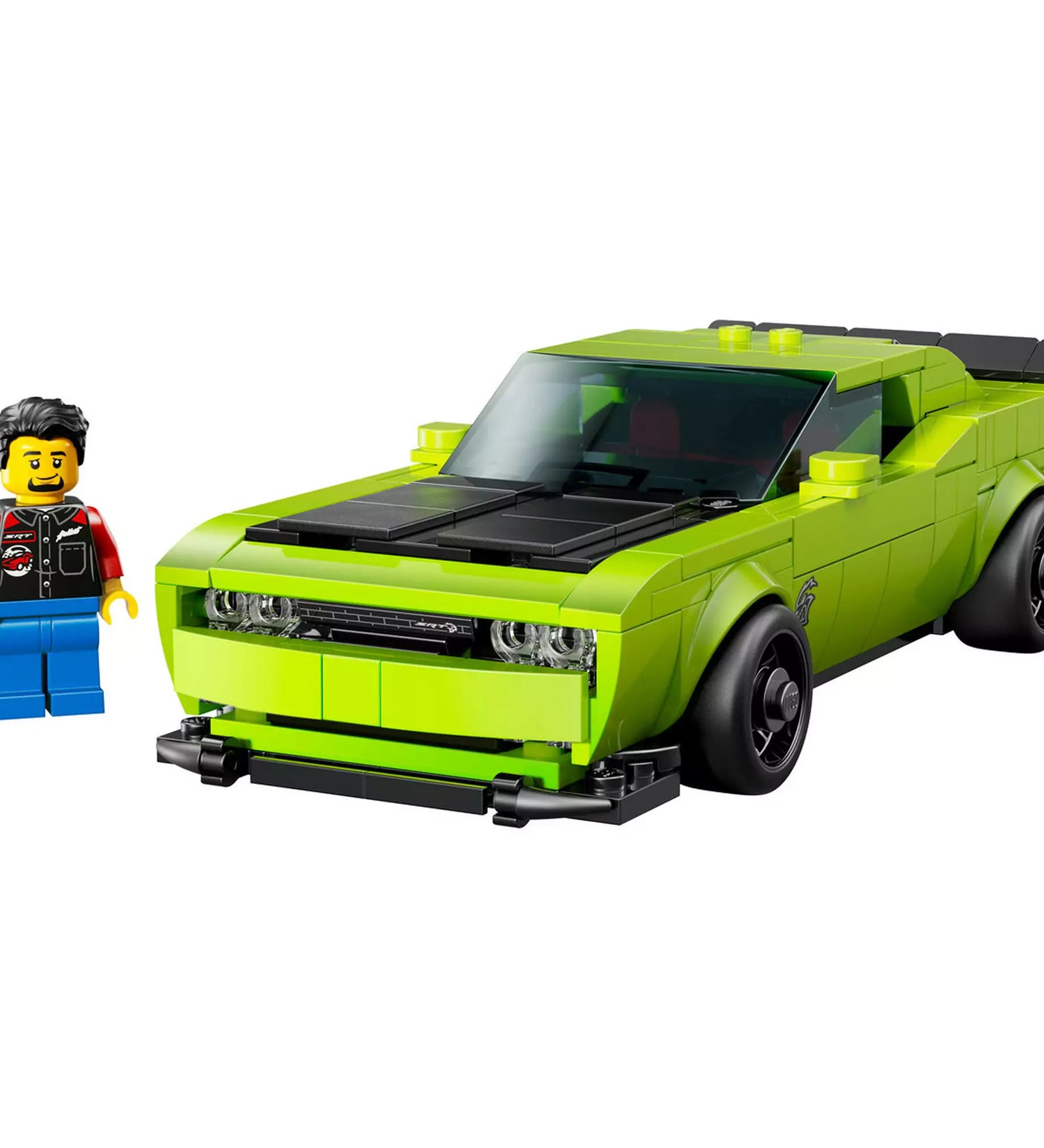 LEGO Dodge Challenger SRT Hellcat (77237) zöld autó minifigurával, autentikus SRT emblémával.