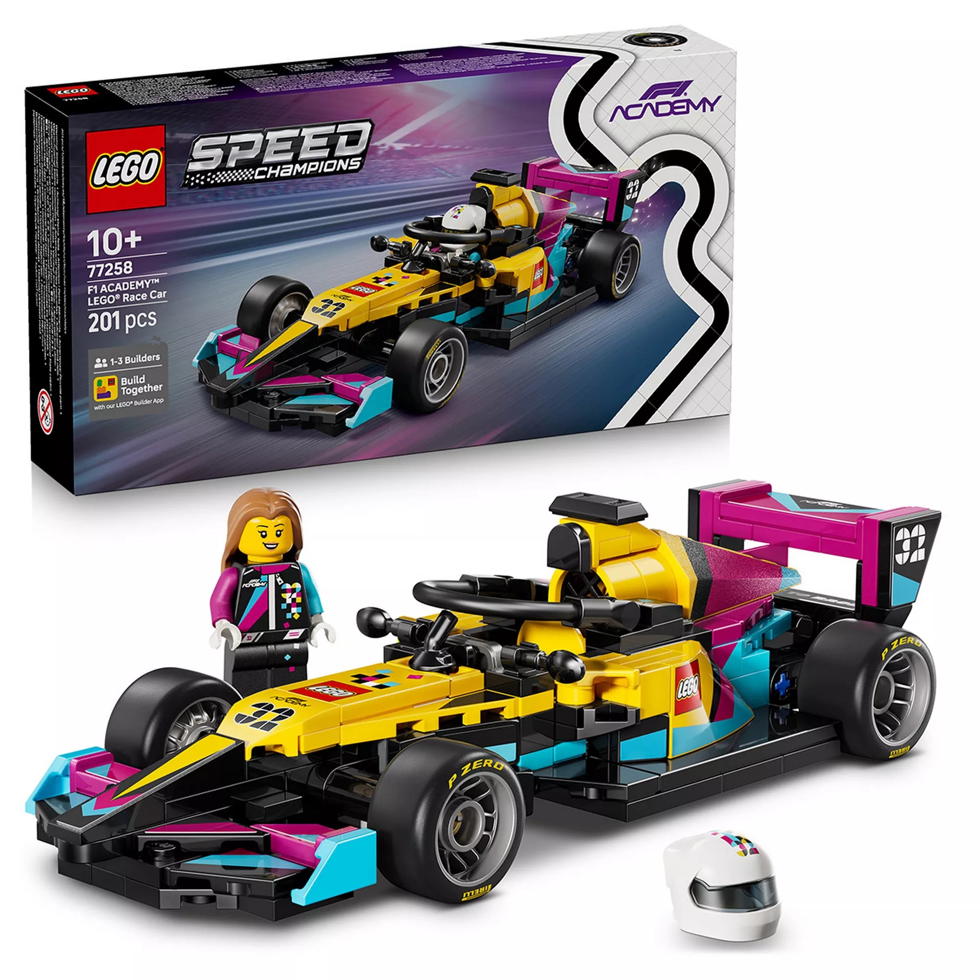 LEGO Speed Champions F1 ACADEMY LEGO versenyautó 77258 kész modell minifigurával, sisakkal és Formula–1 stílusú versenyautóval.