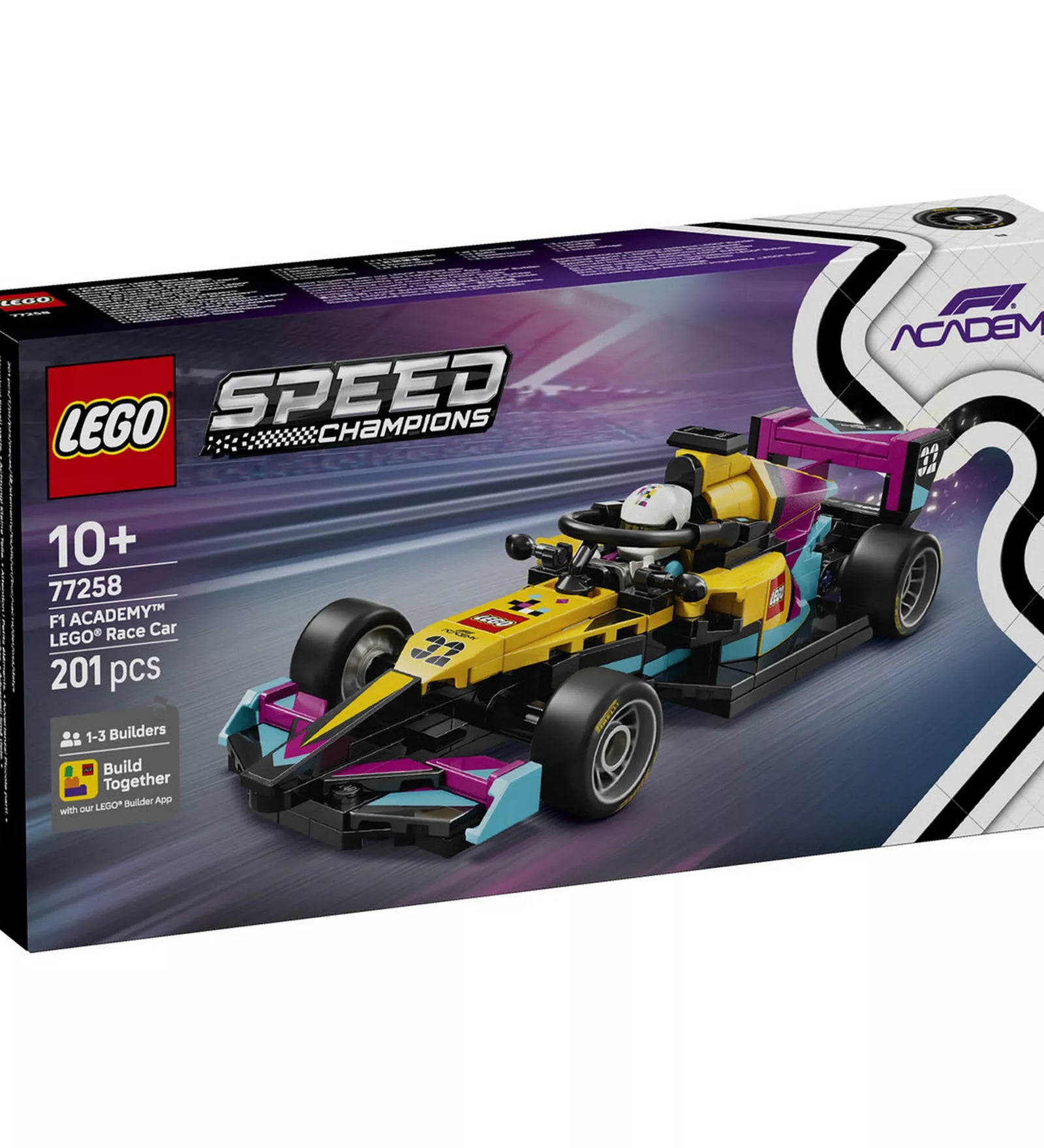 LEGO Speed Champions F1 ACADEMY LEGO versenyautó 77258 dobozképe, sárga és rózsaszín Formula–1 autó modellel és 201 darabos építőkészlettel.