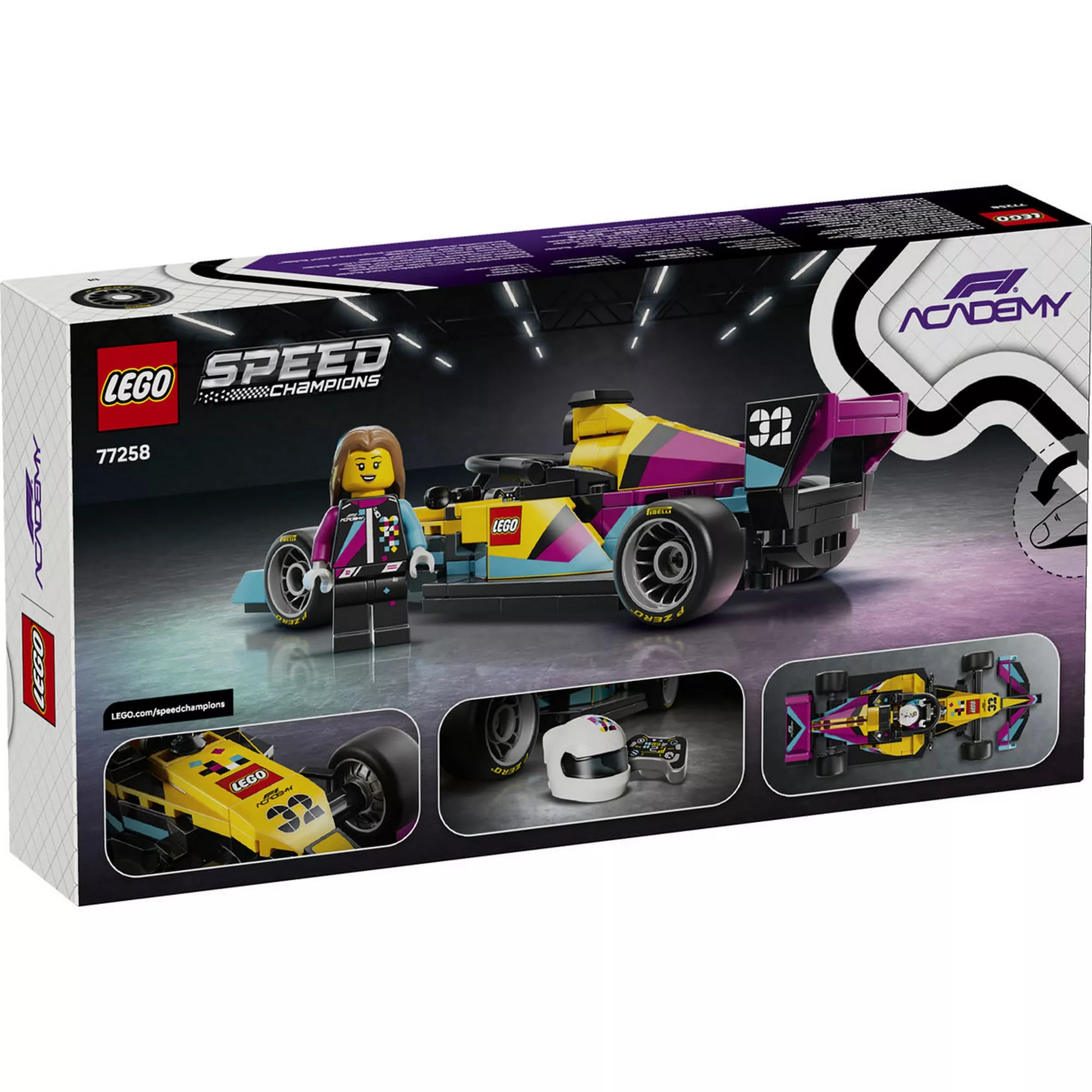 LEGO Speed Champions 77258 F1 ACADEMY versenyautó hátoldali dobozképe, női pilóta minifigurával és a versenyautó részleteivel.