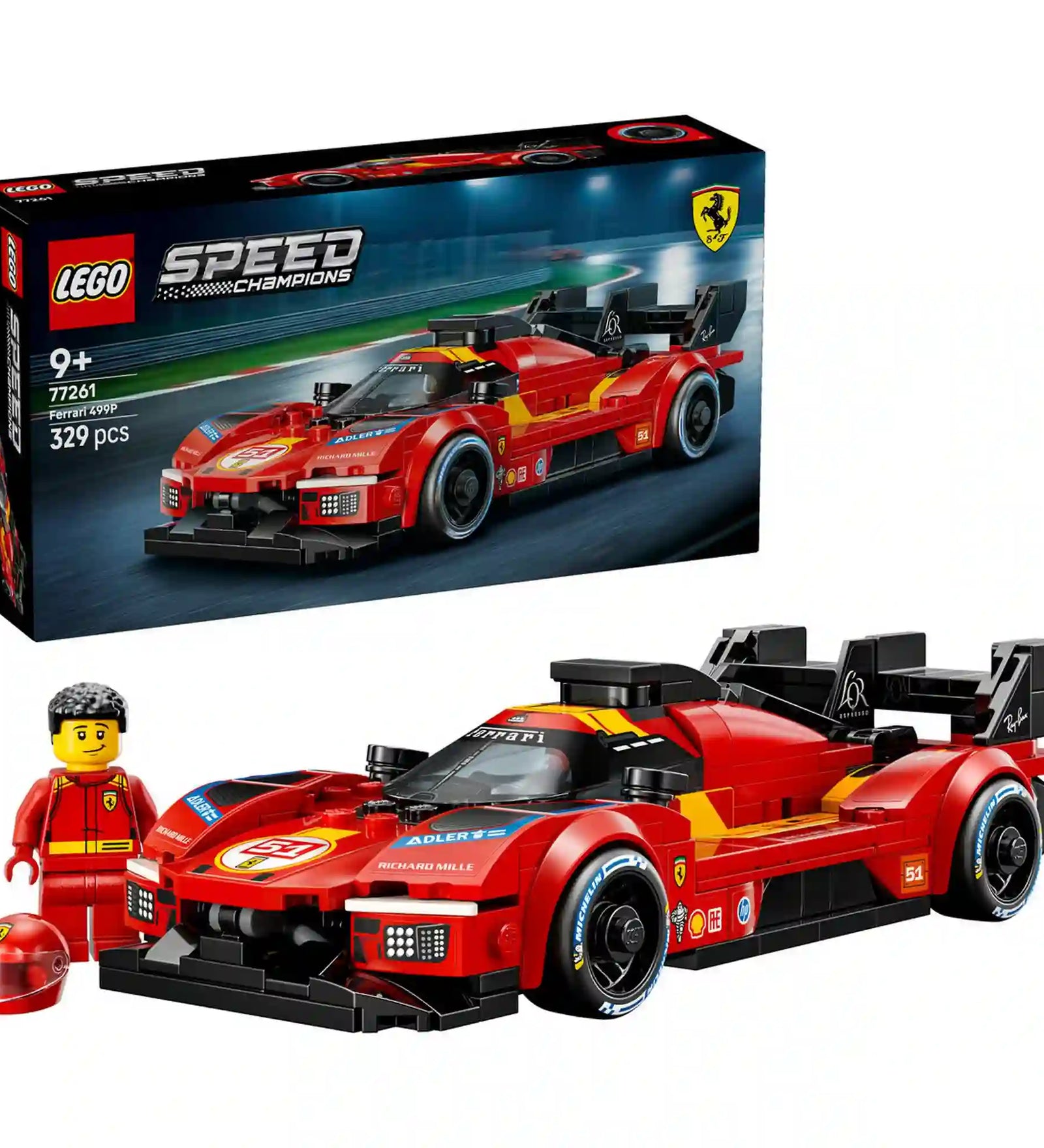 LEGO Speed Champions Ferrari 499P (77261) dobozkép a Ferrari versenyautó modellel és pilóta minifigurával.