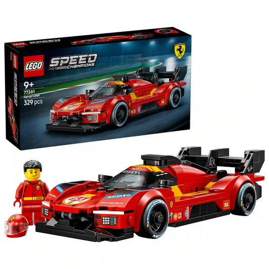 LEGO Speed Champions Ferrari 499P (77261) dobozkép a Ferrari versenyautó modellel és pilóta minifigurával.