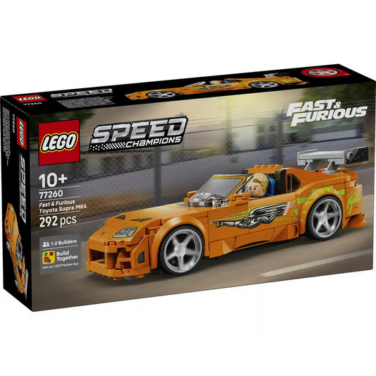 LEGO Speed Champions Halálos iramban Toyota Supra MK4 (77260) dobozkép Brian O’Conner minifigurával és narancssárga sportautó modellel.