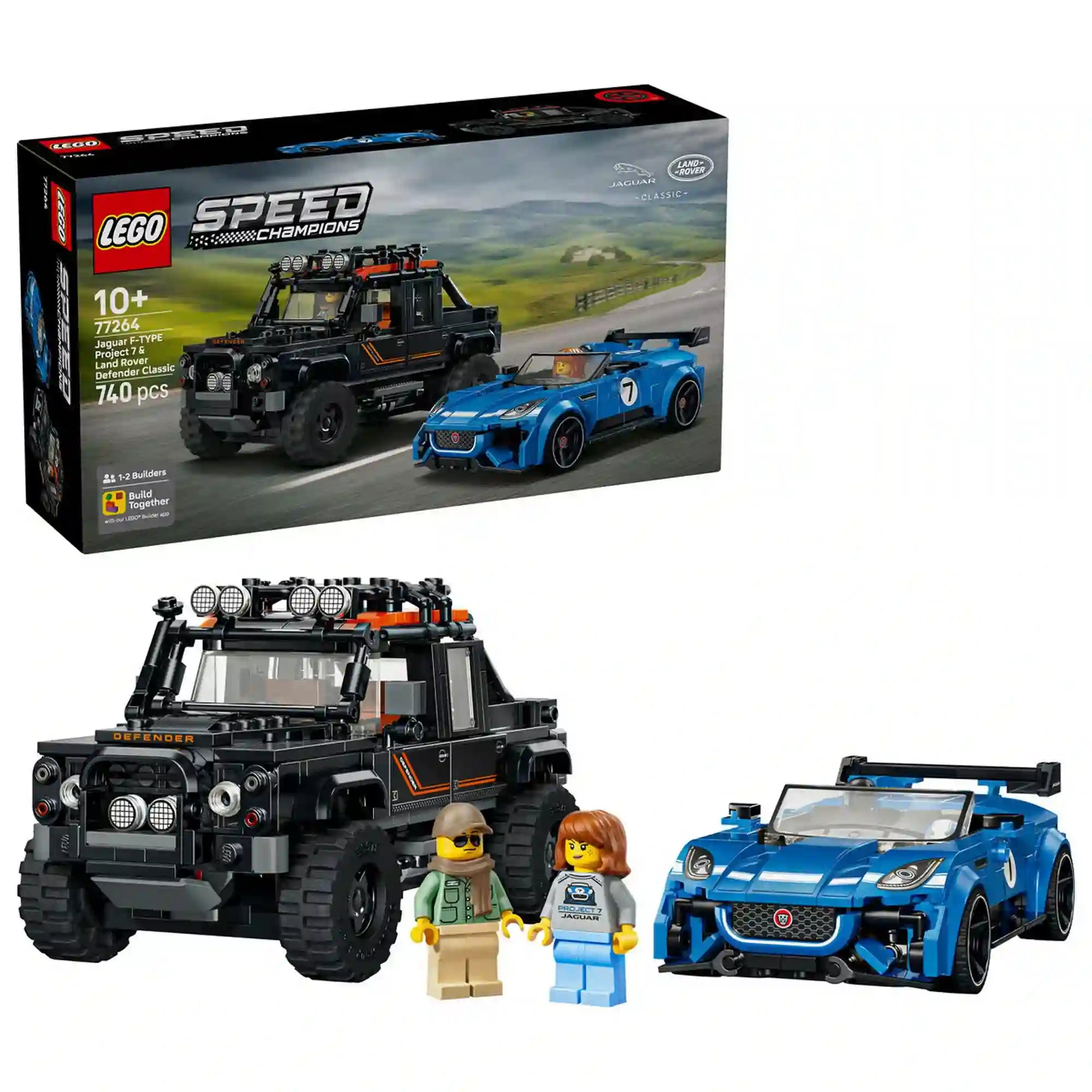 Doboz és modellek: LEGO Speed Champions Jaguar Project 7 és Land Rover Defender Classic (77264) készlet doboza a megépített autókkal és két sofőr minifigurával.