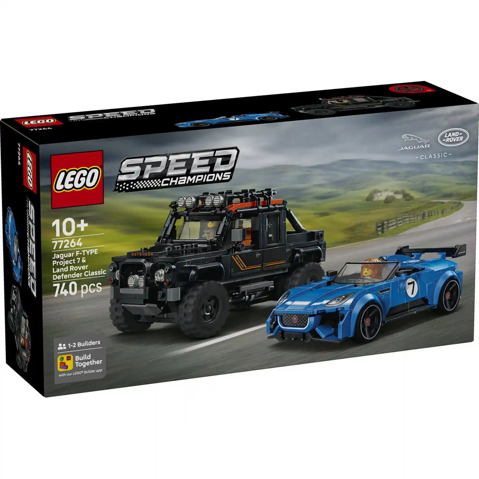 Doboz eleje: LEGO Speed Champions Jaguar Project 7 és Land Rover Defender Classic (77264) készlet doboza a két brit autó modellel.