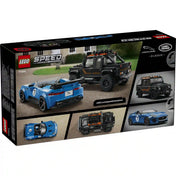Doboz hátulja: A LEGO Speed Champions Jaguar Project 7 és Land Rover Defender Classic készlet hátoldala, amely bemutatja a modellek részleteit és nézeteit.