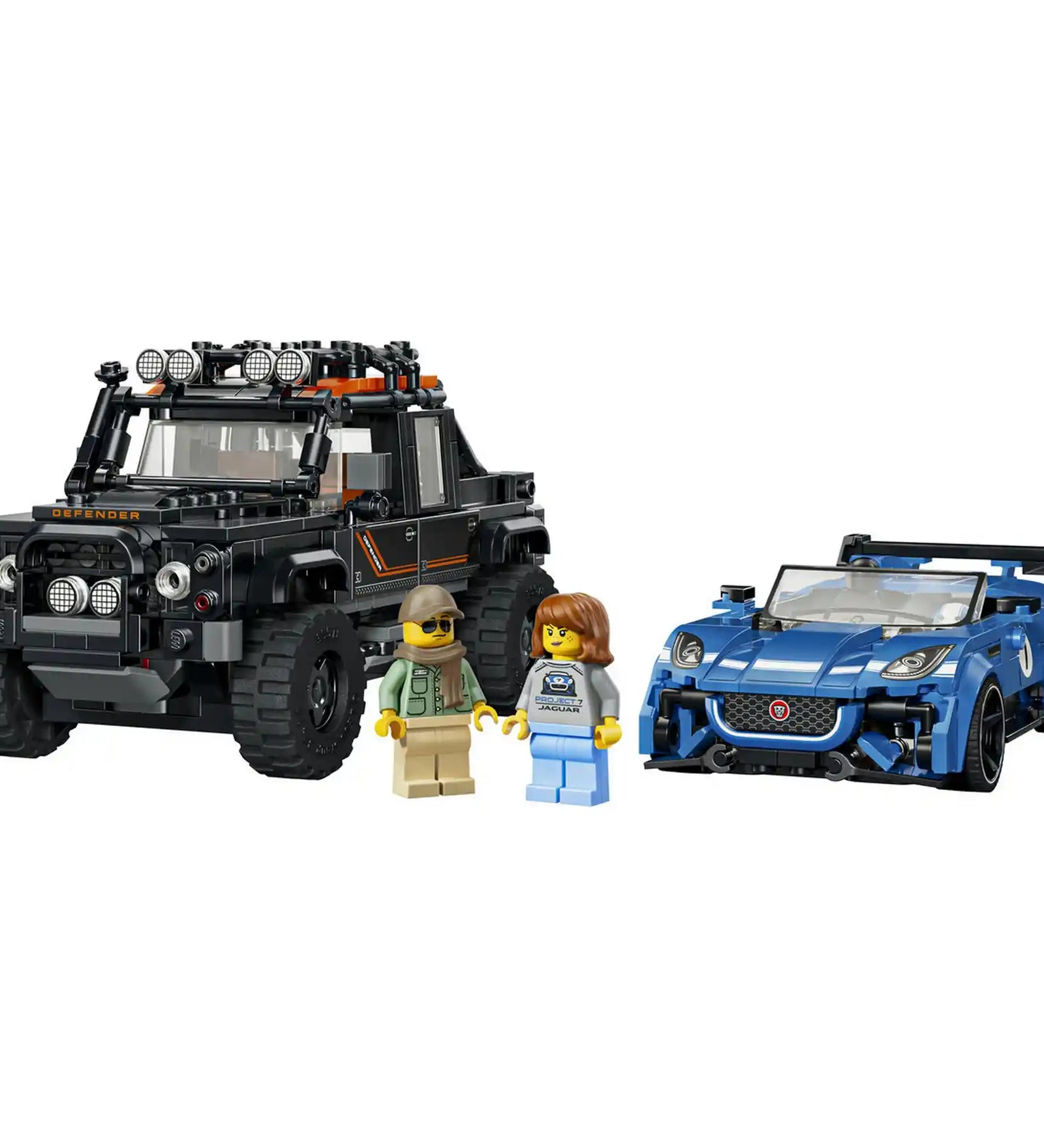 Termék tartalma: LEGO Jaguar Project 7 sportautó és Land Rover Defender Classic terepjáró két sofőr minifigurával.