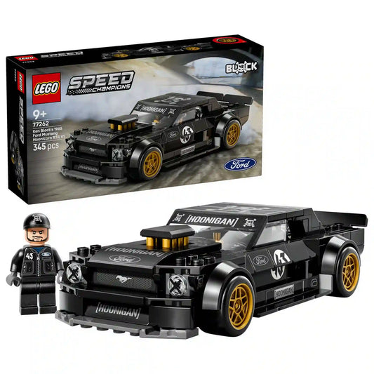 LEGO Speed Champions Ken Block '65 Ford Mustang Hoonicorn V1 (77262) dobozkép és kész modell Ken Block minifigurával.