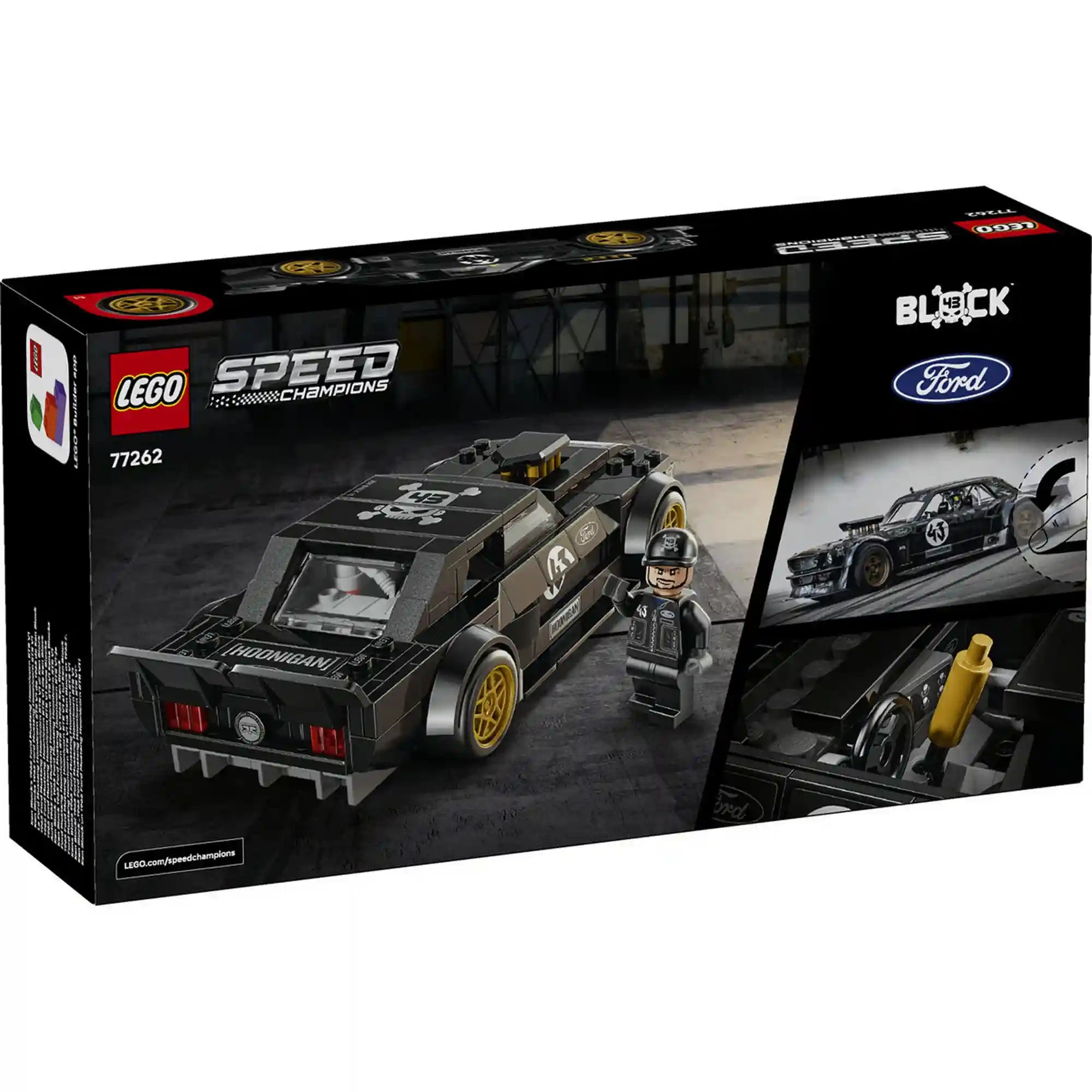 LEGO Speed Champions Ken Block Mustang Hoonicorn V1 hátoldali dobozképe a funkciók és részletek bemutatásával.