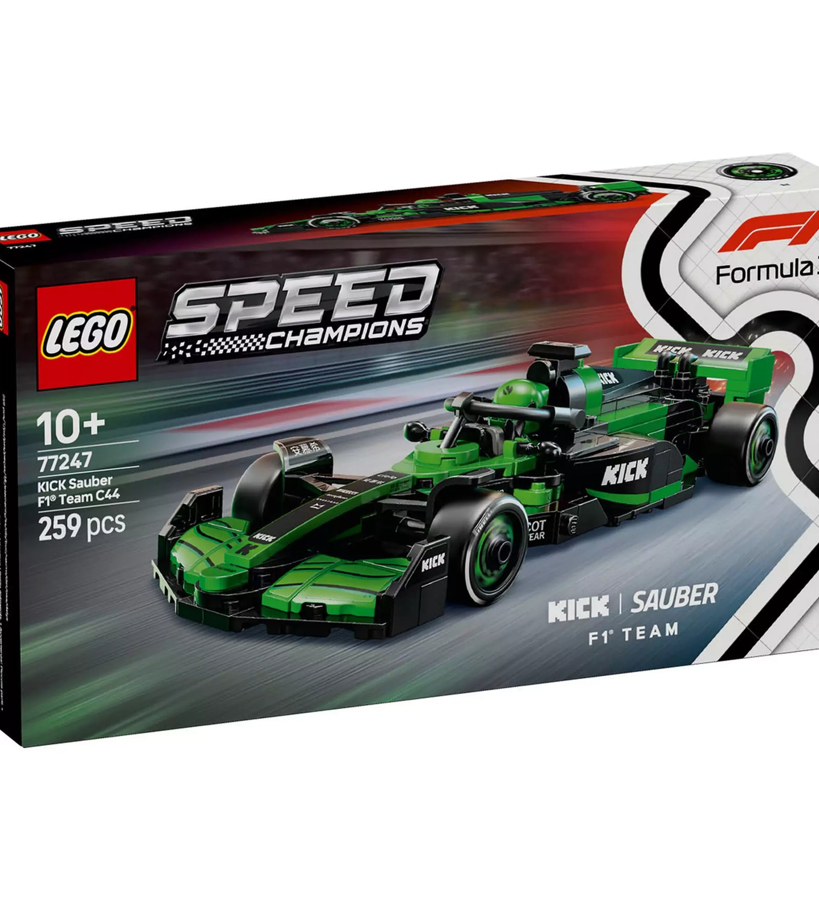  LEGO Speed Champions KICK Sauber F1 Team C44 versenyautó 77247 készlet doboza elölnézetből, 259 elemmel, 10 éves kortól ajánlott.