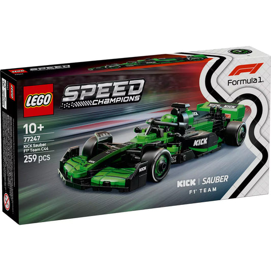  LEGO Speed Champions KICK Sauber F1 Team C44 versenyautó 77247 készlet doboza elölnézetből, 259 elemmel, 10 éves kortól ajánlott.