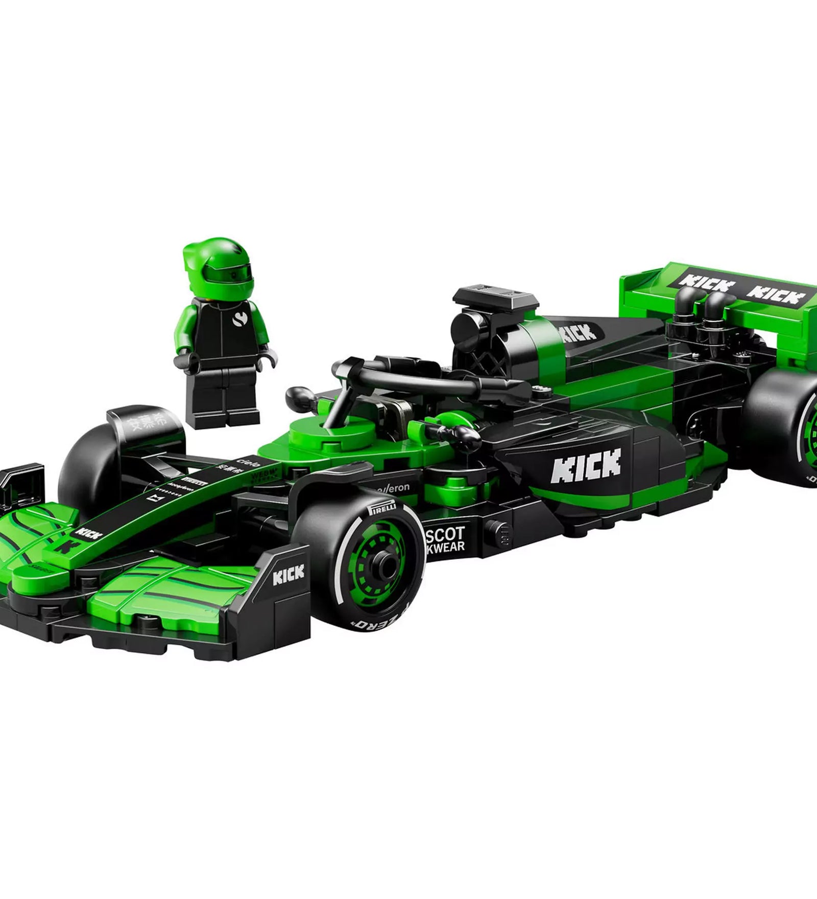 A LEGO versenyautó zöld-fekete színekben, mellette a zöld sisakos minifigura.
