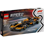 LEGO Speed Champions McLaren F1 Team MCL38 versenyautó doboza, melyen az épített modell és a márkajelzések is láthatók.
