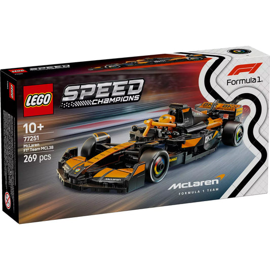 LEGO Speed Champions McLaren F1 Team MCL38 versenyautó doboza, melyen az épített modell és a márkajelzések is láthatók.
