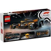 A LEGO Speed Champions McLaren F1 Team MCL38 versenyautó dobozának hátoldala, részletekkel és kiegészítő képekkel.