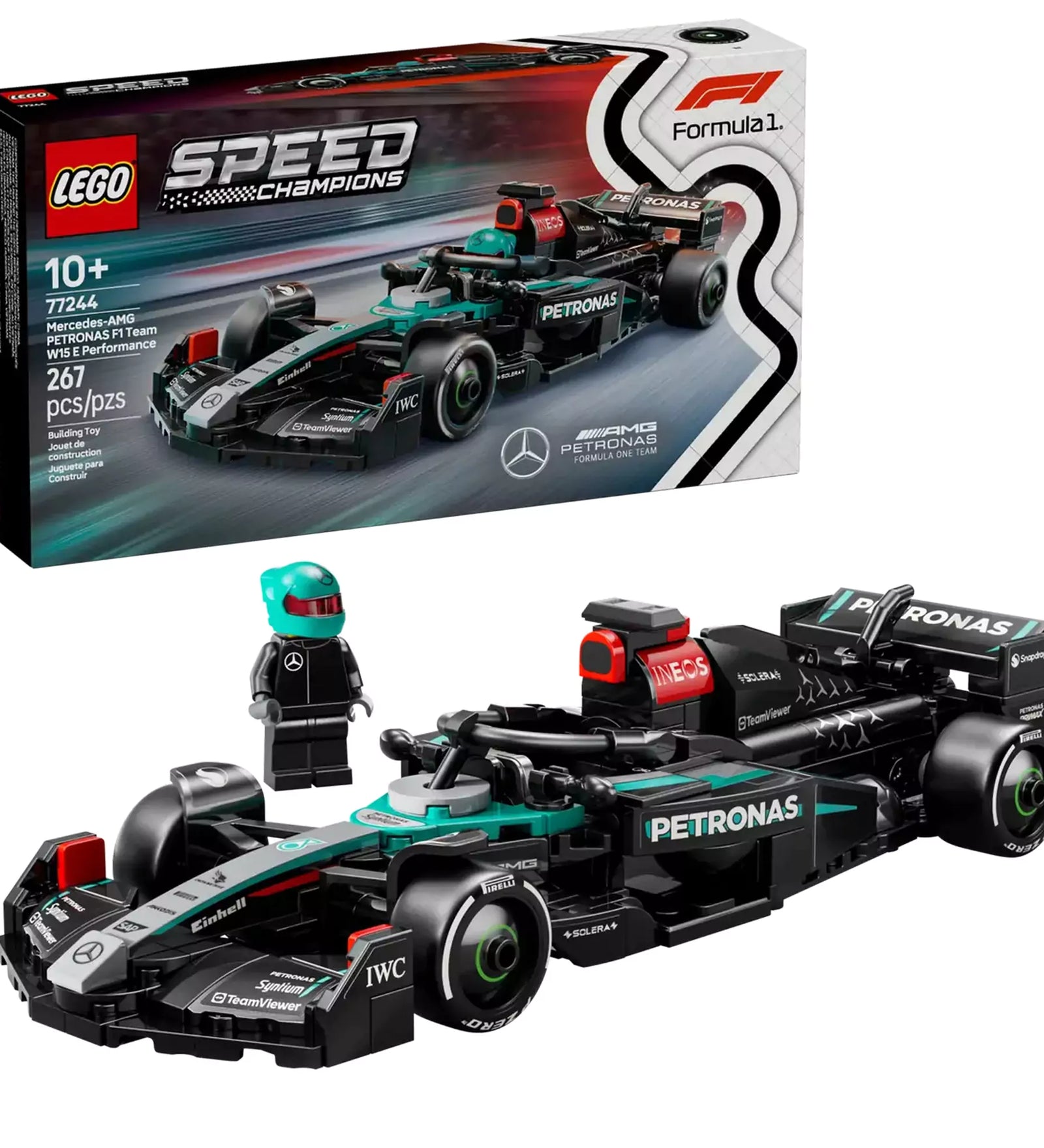 LEGO Speed Champions Mercedes-AMG F1 W15 versenyautó készlet doboza és az összerakott modell pilóta minifigurával.