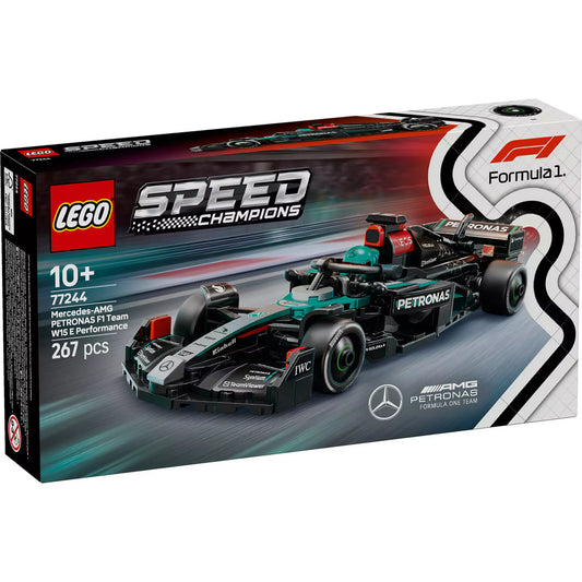 LEGO Speed Champions Mercedes-AMG F1 W15 versenyautó készlet doboza dinamikus háttérrel és F1 logóval.

