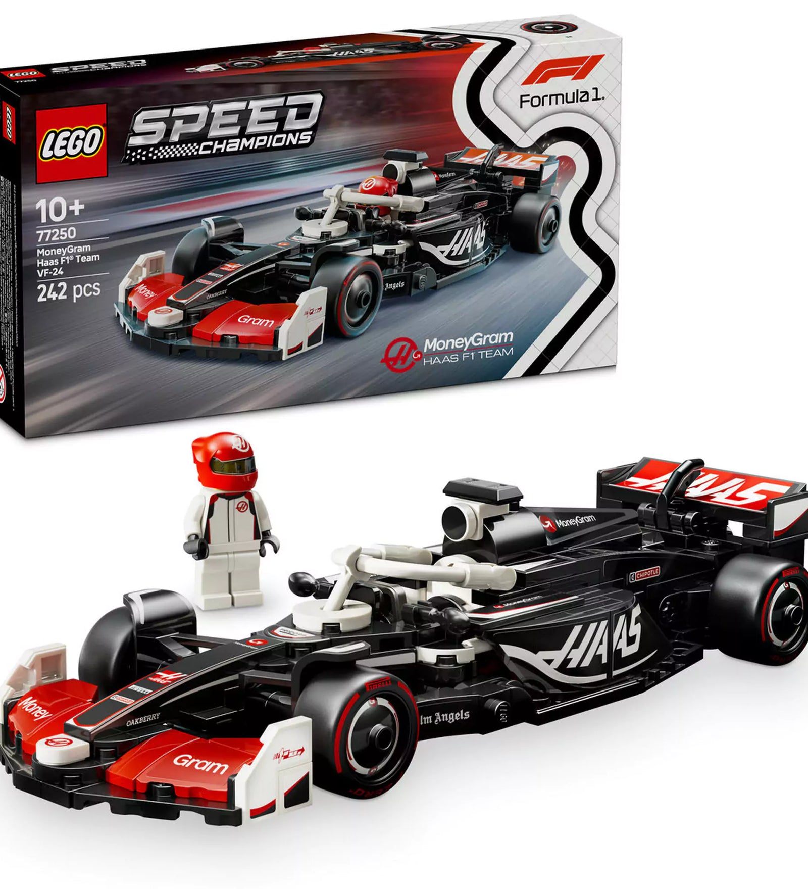  LEGO Speed Champions MoneyGram Haas F1 Team VF-24 versenyautó és pilóta a doboz előtt