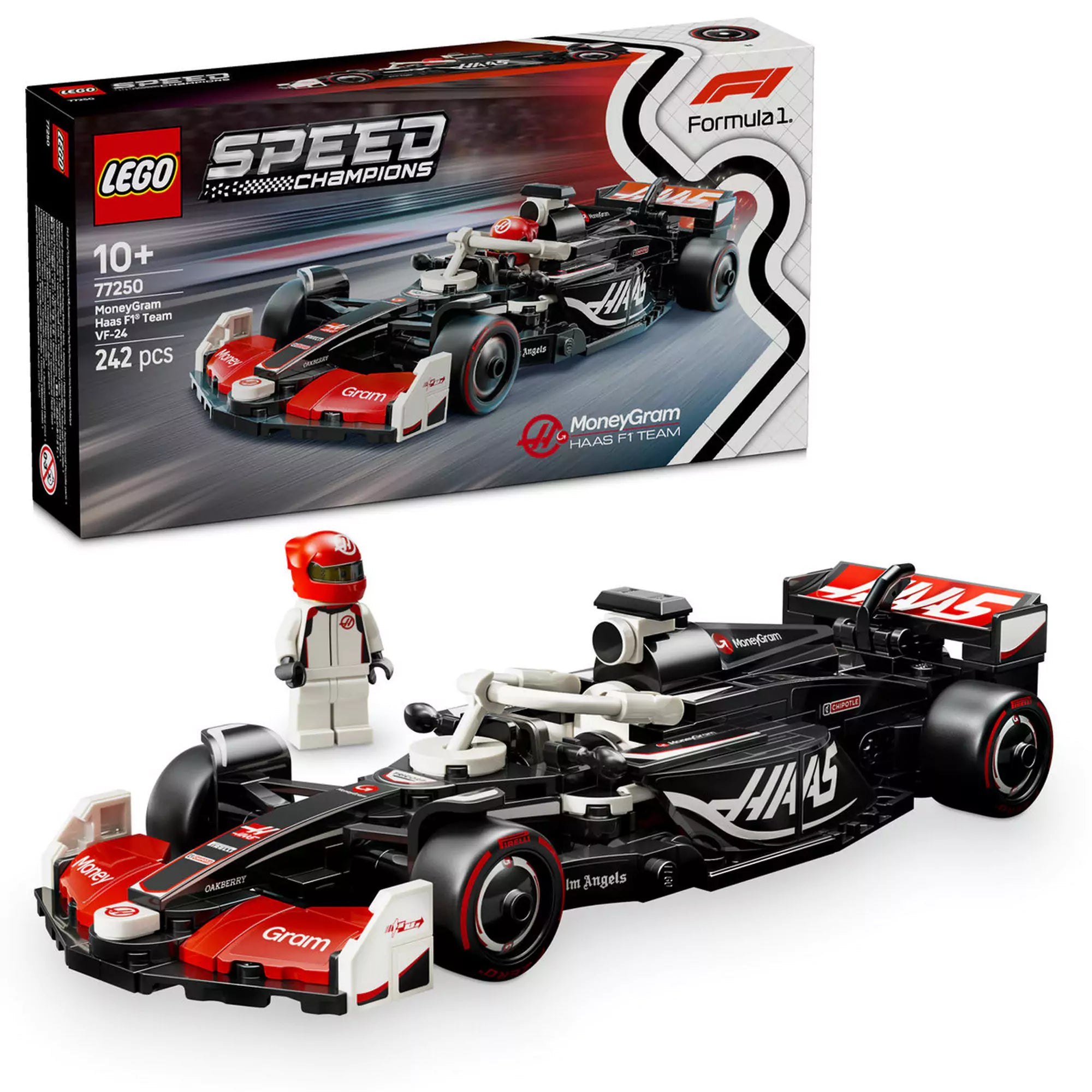  LEGO Speed Champions MoneyGram Haas F1 Team VF-24 versenyautó és pilóta a doboz előtt