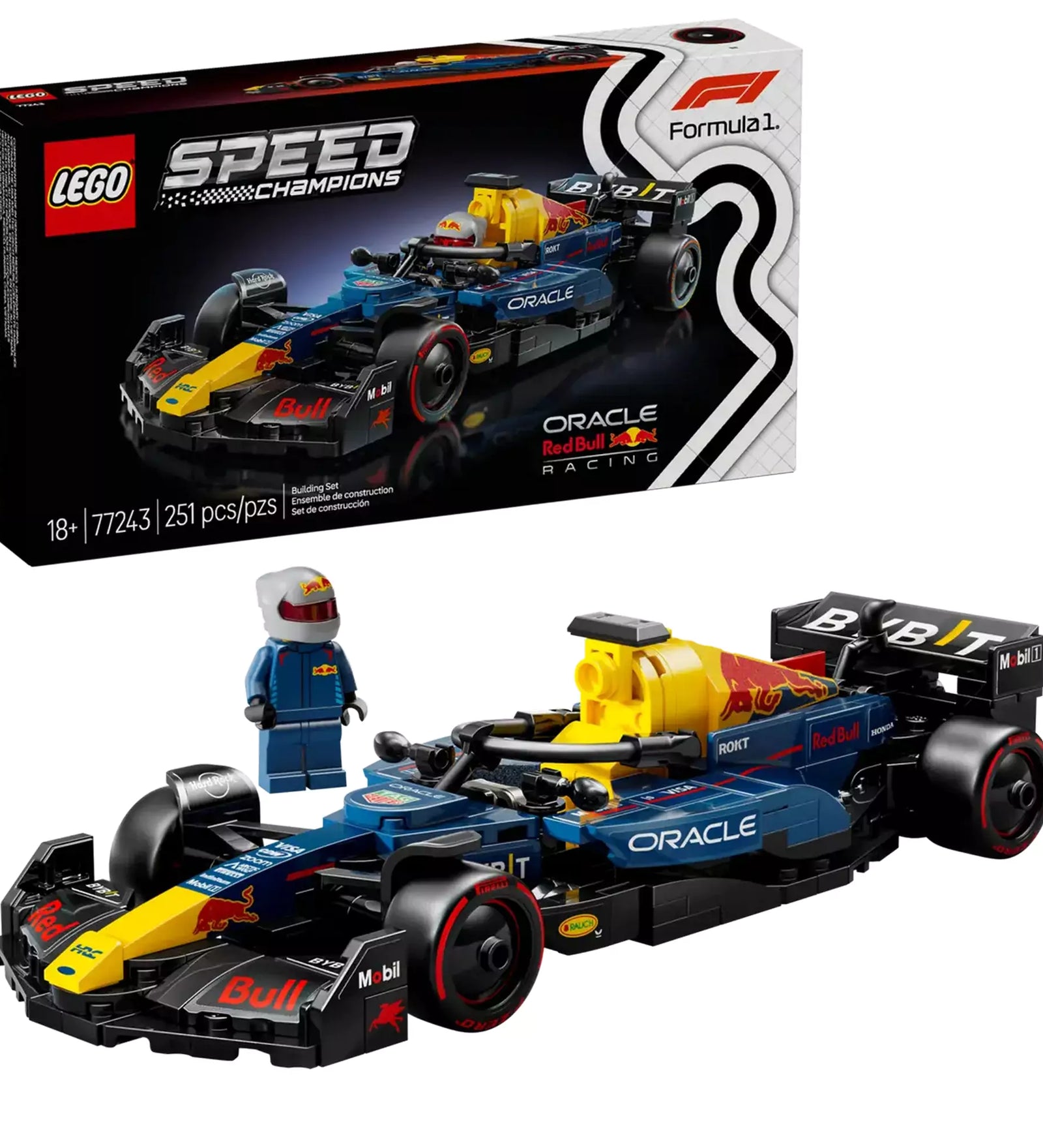 LEGO Speed Champions Oracle Red Bull Racing RB18 (77243) – A készlet doboza, az összerakott F1-es versenyautó és a pilóta minifigura egy képen.