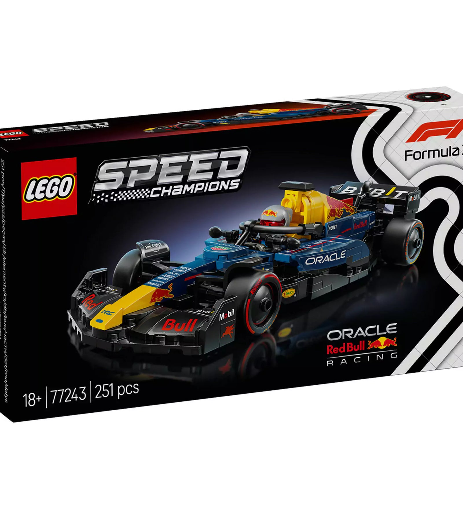  LEGO Speed Champions Oracle Red Bull Racing RB18 versenyautó (77243) dobozkép elölnézetből.