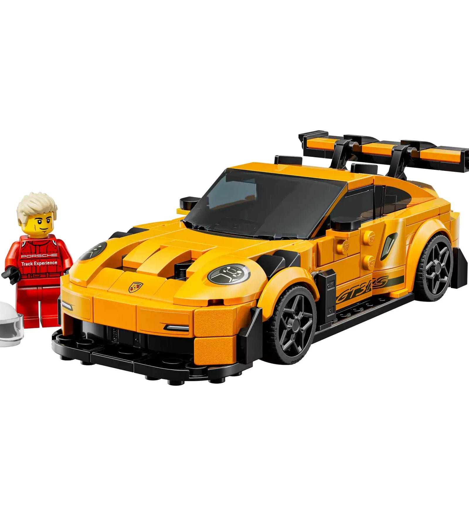 LEGO Speed Champions Porsche 911 GT3 RS (77239) sárga sportautó minifigurával és fehér sisakkal, részletgazdag kialakítással.