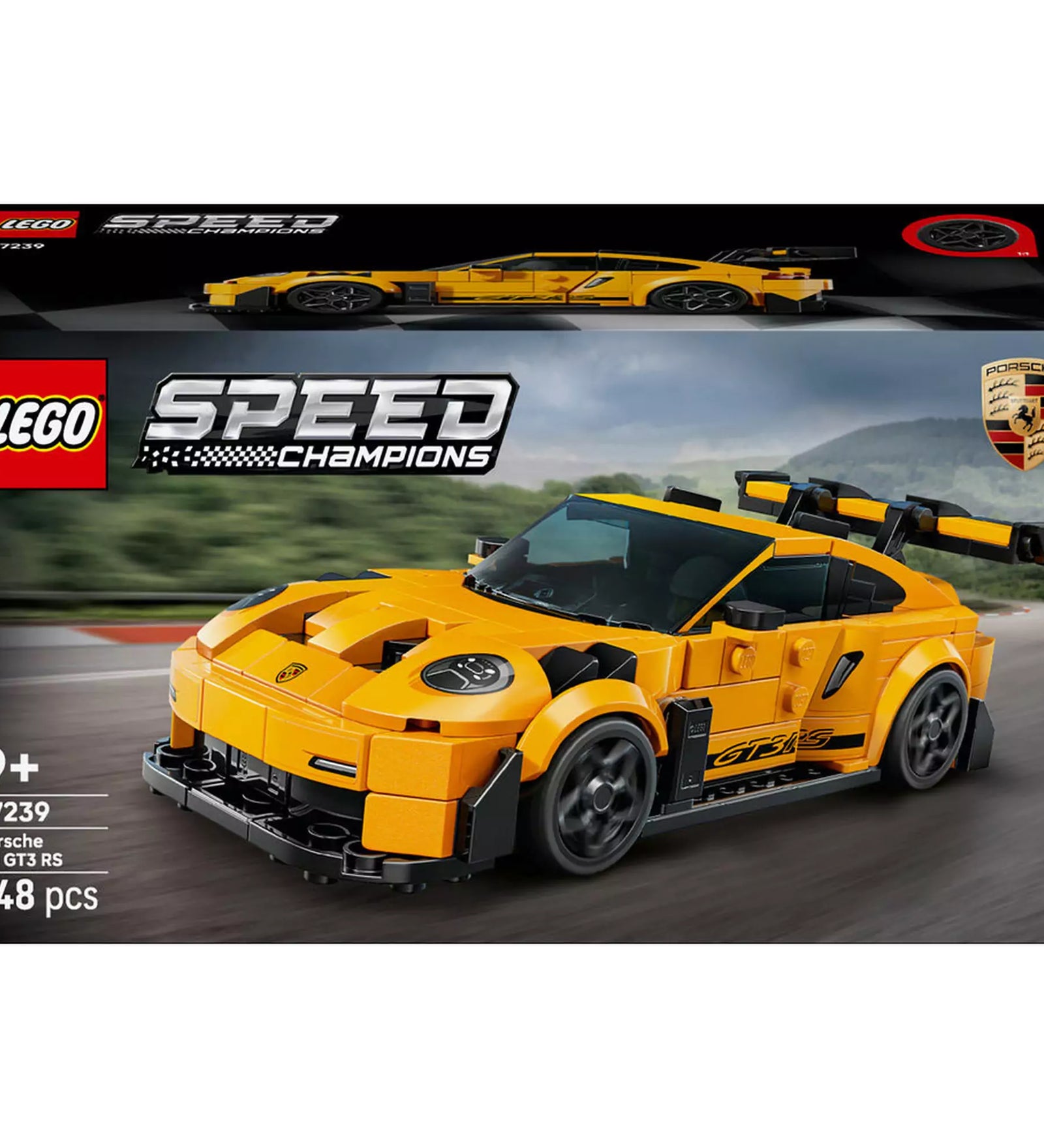 A LEGO Speed Champions Porsche 911 GT3 RS (77239) doboz eleje, a sárga sportautó versenypályán száguld.