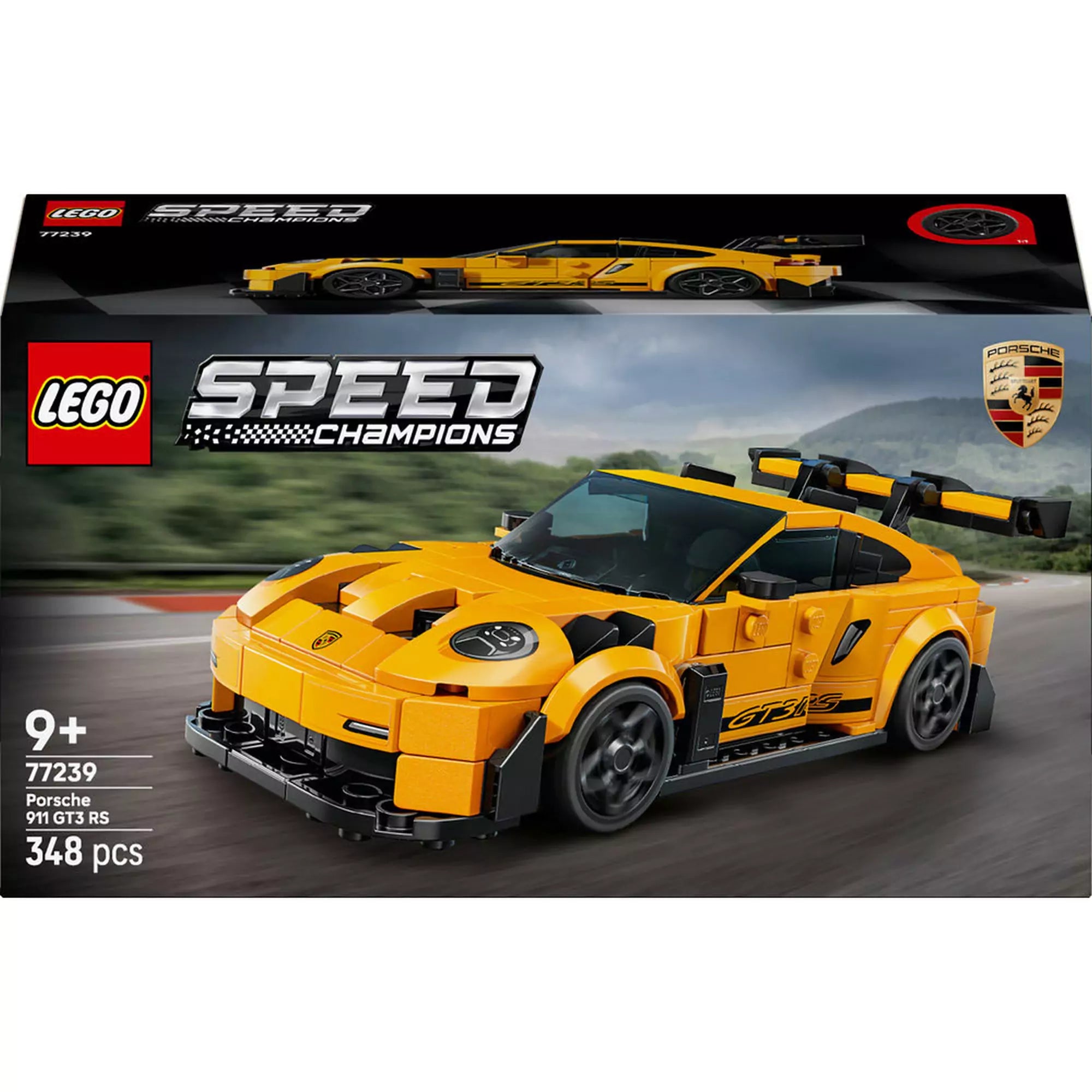 A LEGO Speed Champions Porsche 911 GT3 RS (77239) doboz eleje, a sárga sportautó versenypályán száguld.