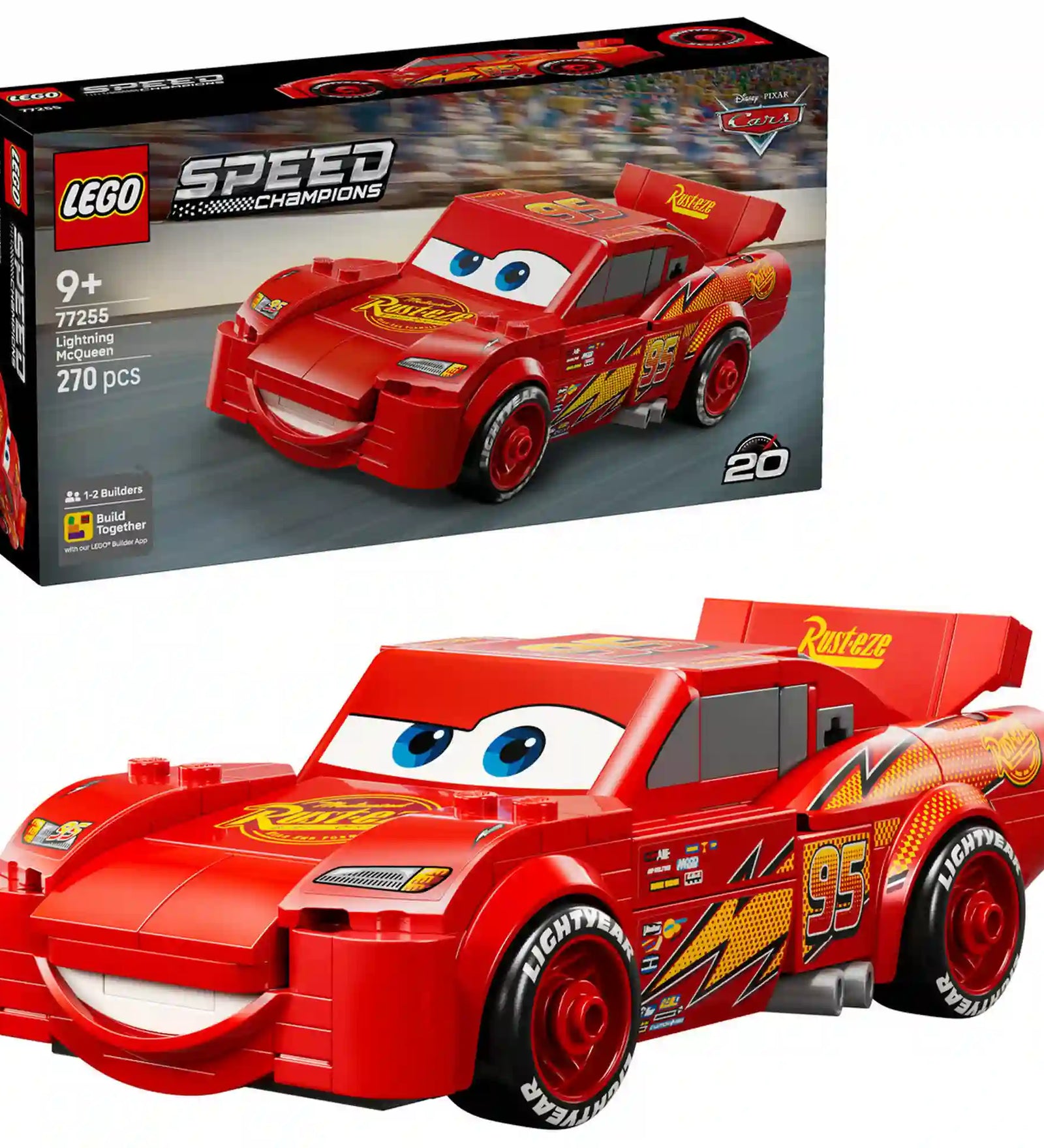 LEGO Speed Champions Villám McQueen 77255 dobozkép és megépített piros versenyautó modell